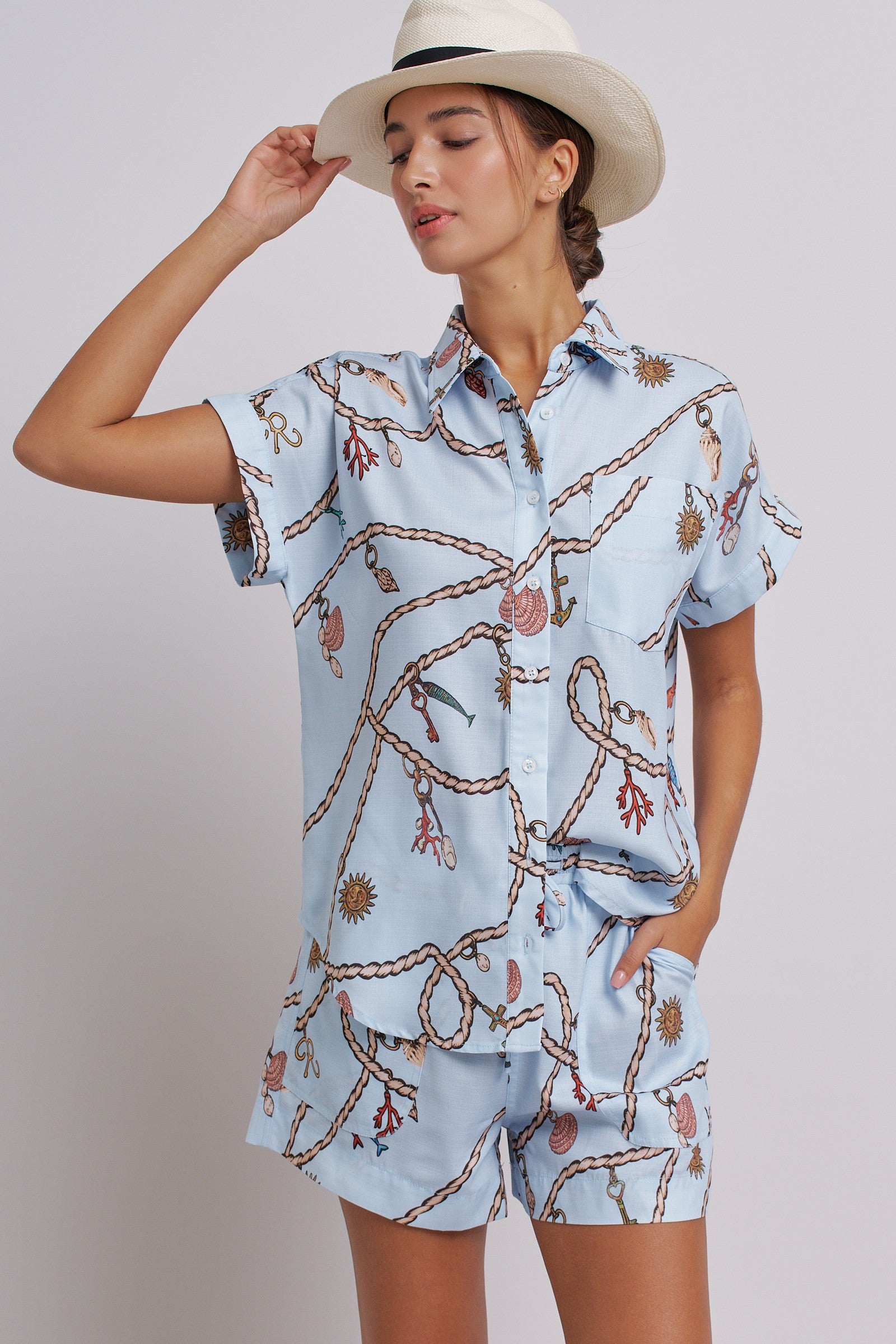 Nautical Rope Print Button Down Shirt Short Sleeve in Blue - Women's Tops | Urban Daizy