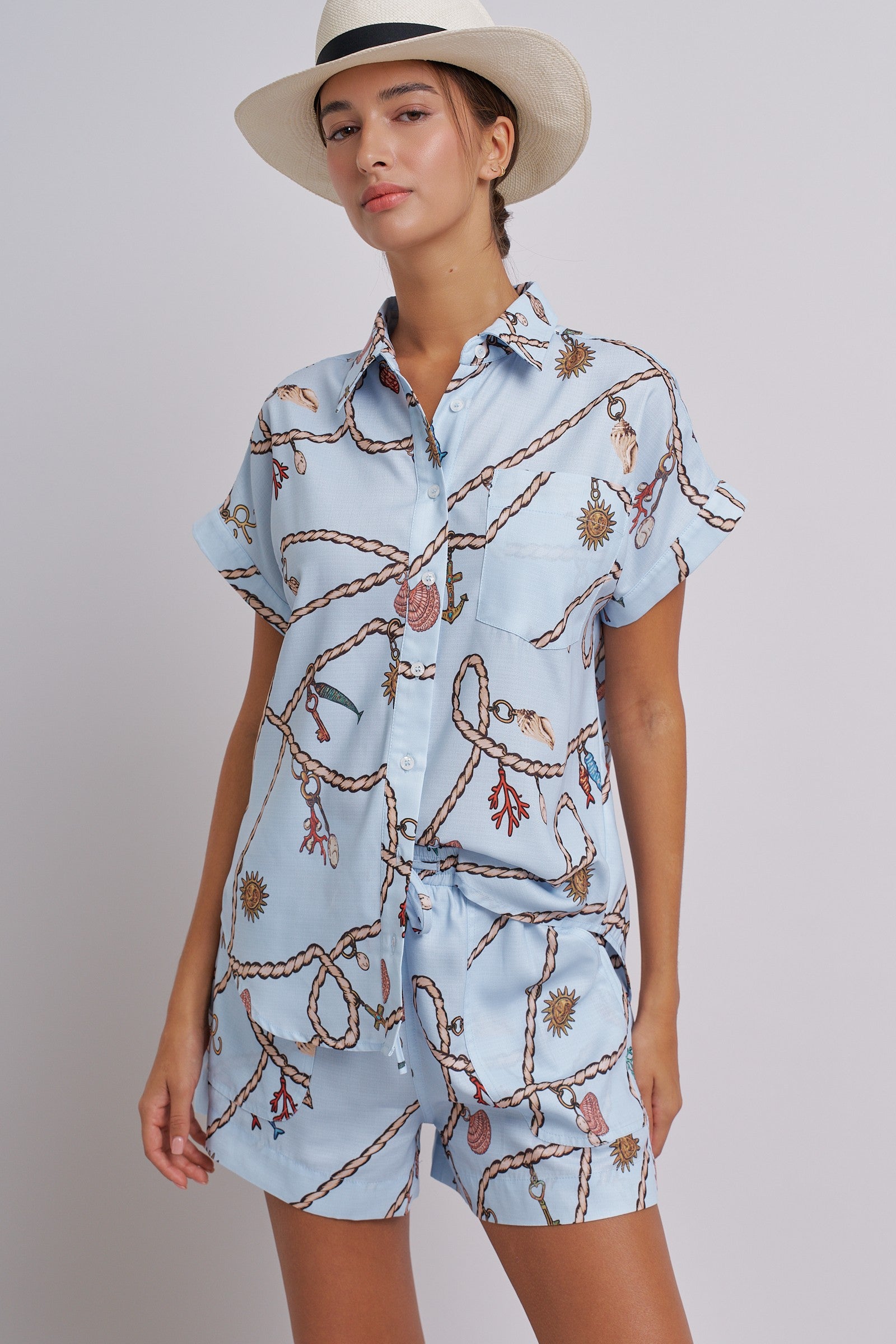 Nautical Rope Print Button Down Shirt Short Sleeve in Blue - Women's Tops | Urban Daizy