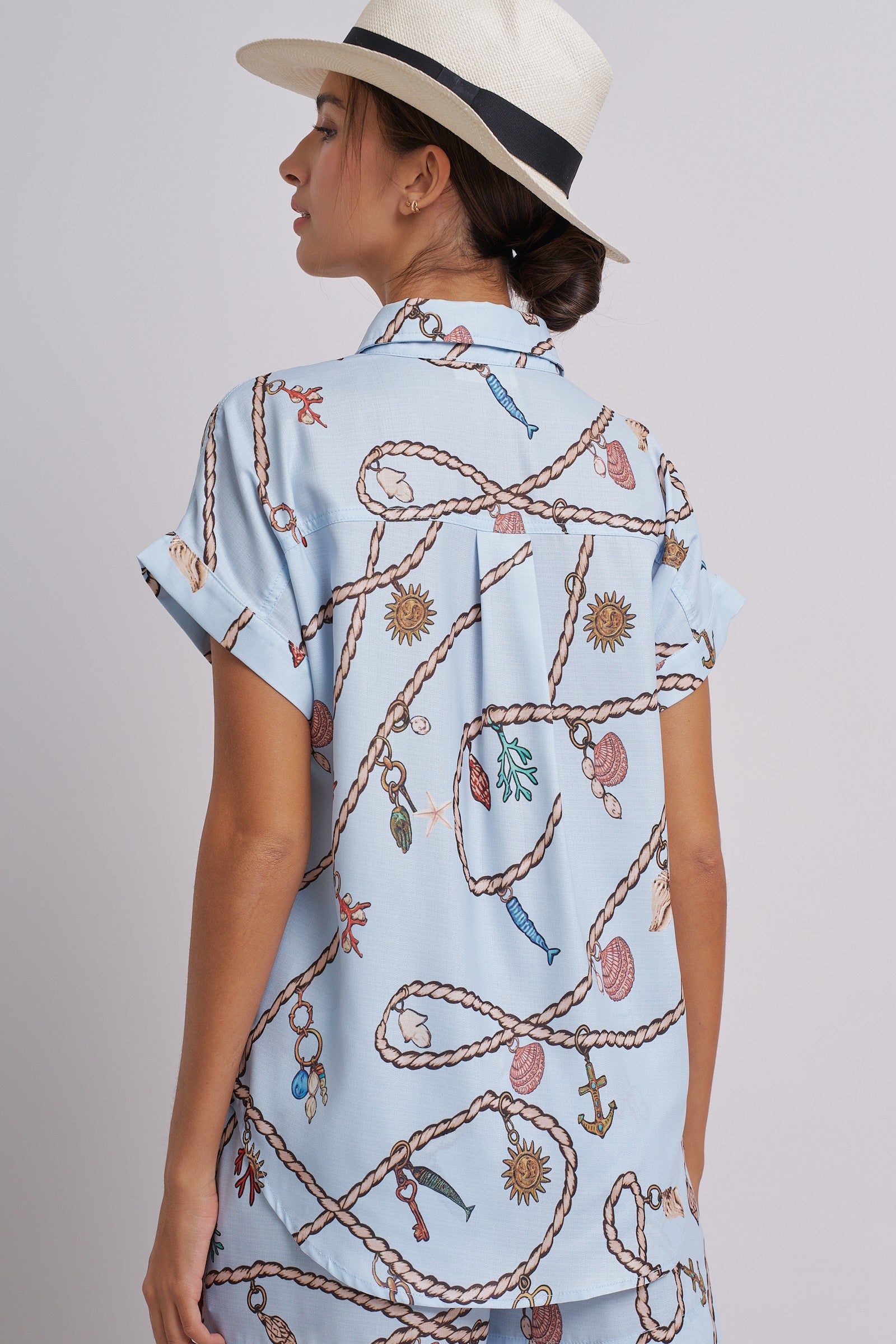 Nautical Rope Print Button Down Shirt Short Sleeve in Blue - Women's Tops | Urban Daizy