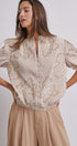 Corded Lace Embroidered Striped Puff Sleeve Blouse in Taupe - Women's Tops | Urban Daizy