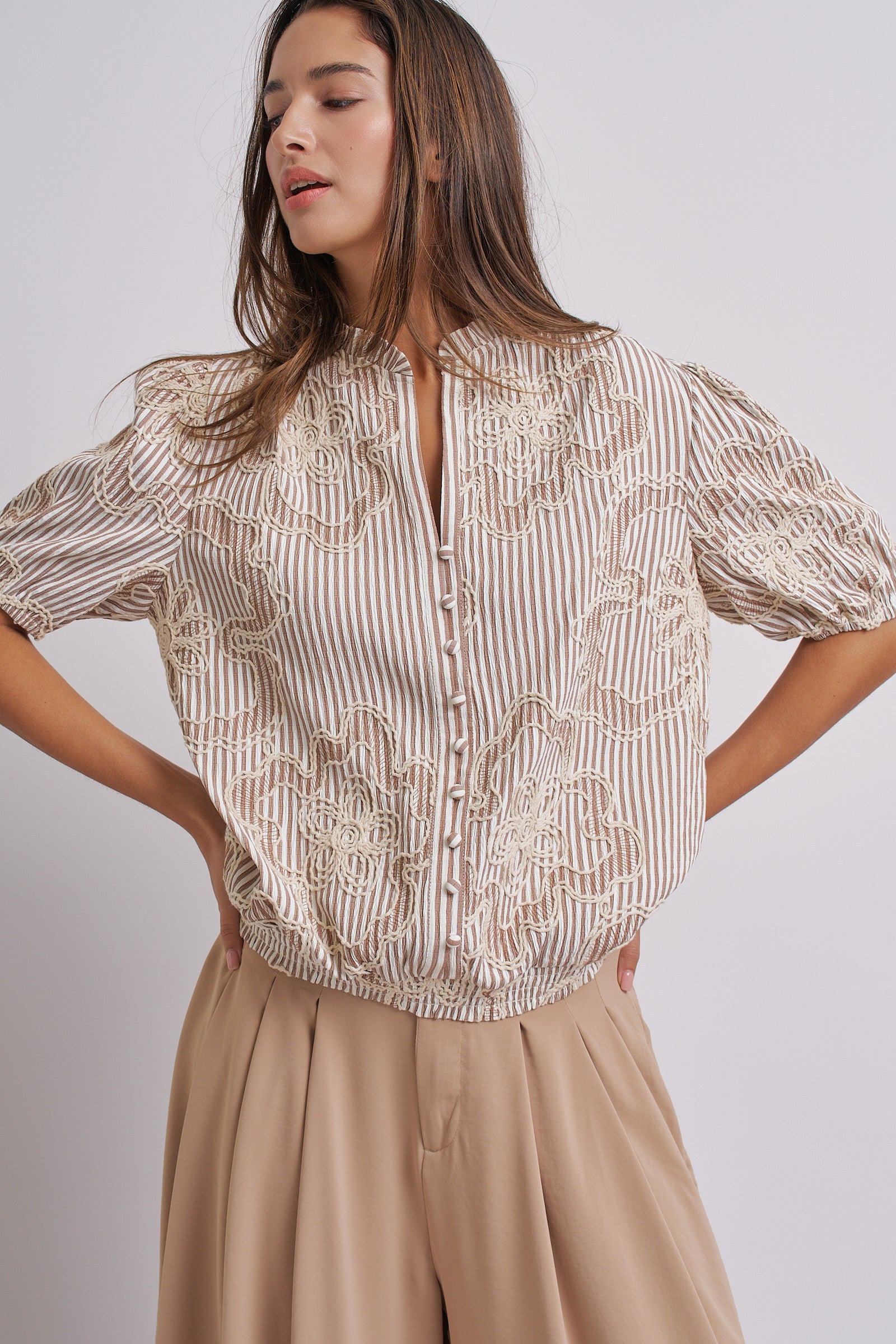 Corded Lace Embroidered Striped Puff Sleeve Blouse in Taupe - Women's Tops | Urban Daizy
