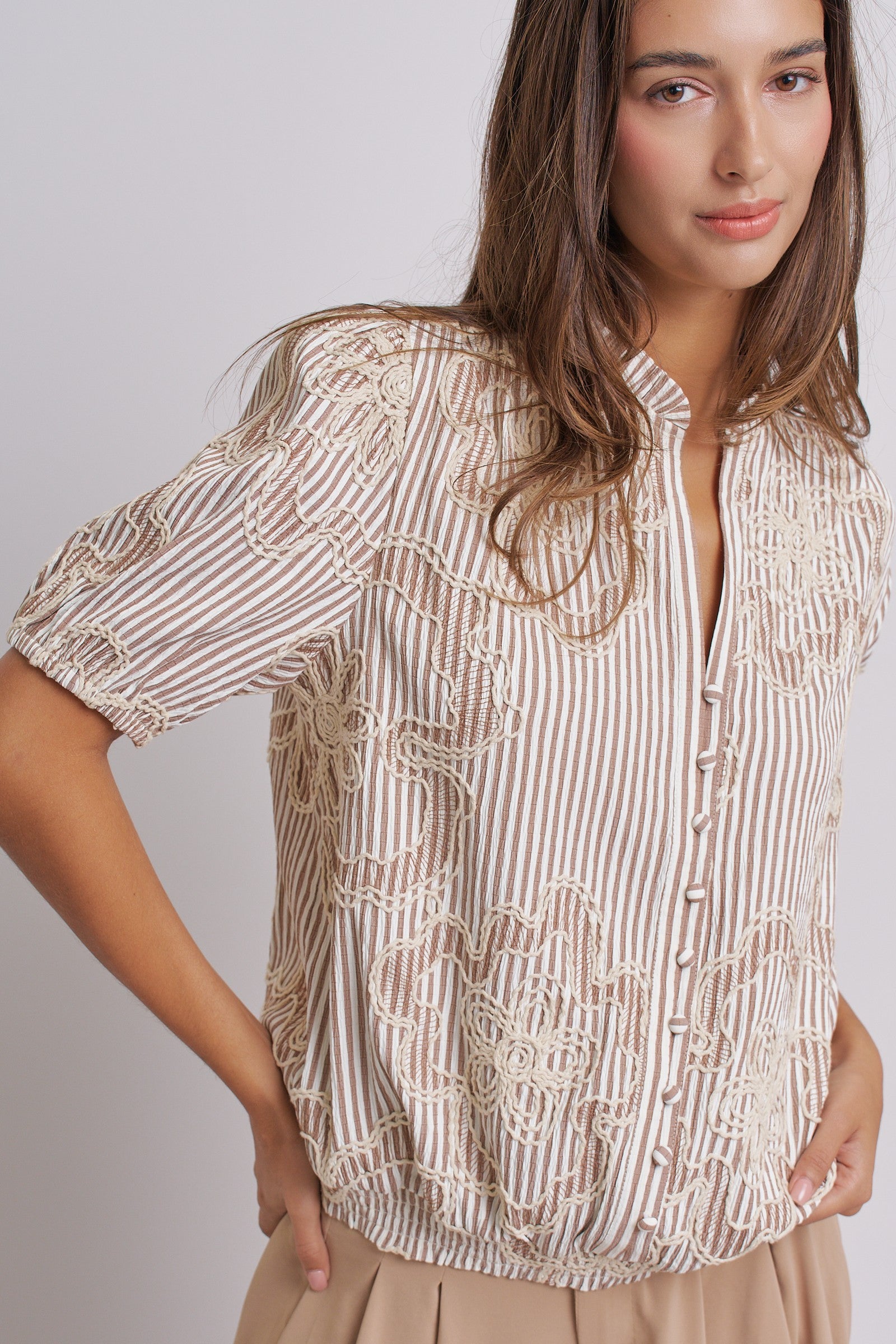 Corded Lace Embroidered Striped Puff Sleeve Blouse in Taupe - Women's Tops | Urban Daizy