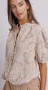 Corded Lace Embroidered Striped Puff Sleeve Blouse in Taupe - Women's Tops | Urban Daizy
