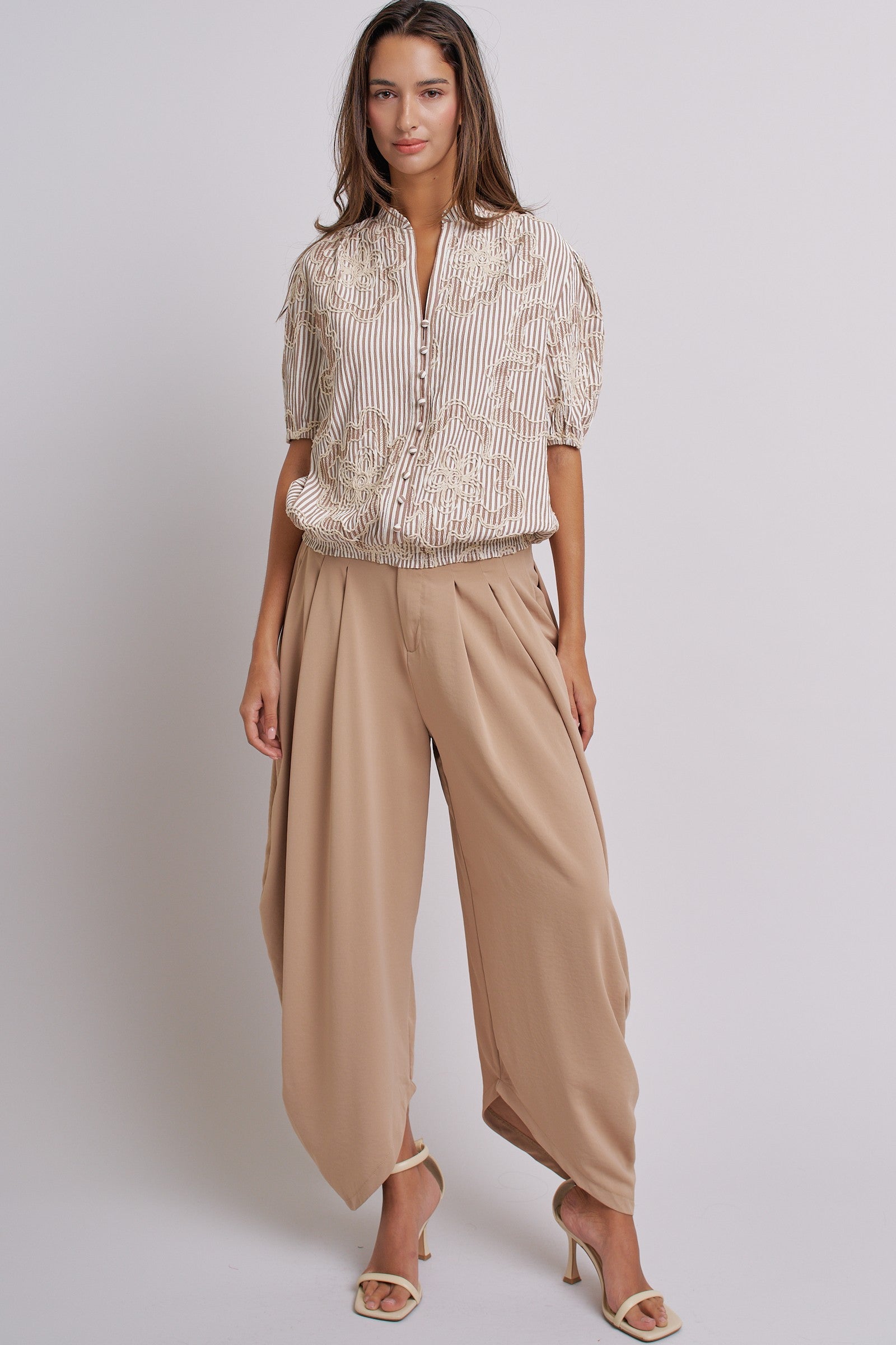 Corded Lace Embroidered Striped Puff Sleeve Blouse in Taupe - Women's Tops | Urban Daizy