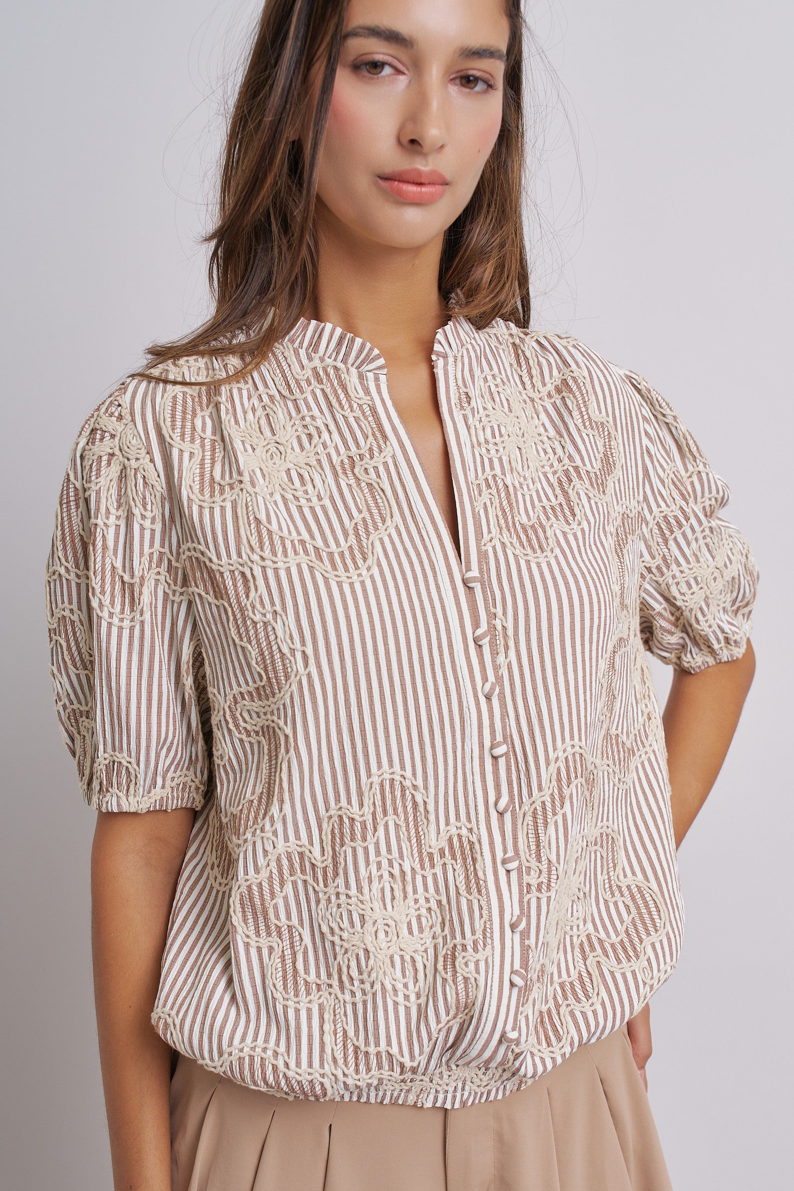 Corded Lace Embroidered Striped Puff Sleeve Blouse in Taupe - Women's Tops | Urban Daizy