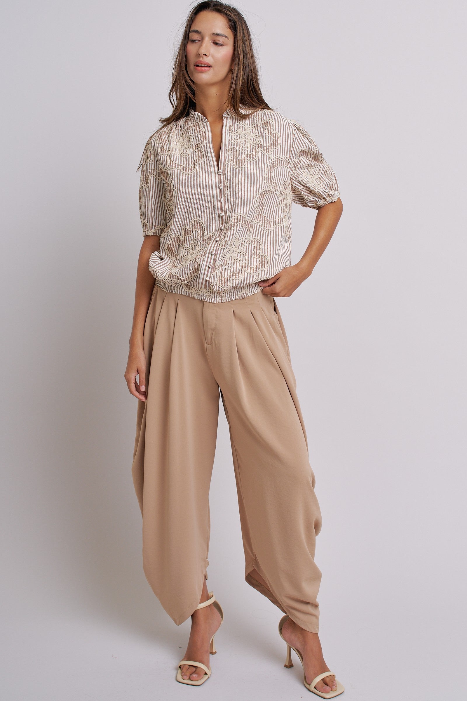 Corded Lace Embroidered Striped Puff Sleeve Blouse in Taupe - Women's Tops | Urban Daizy