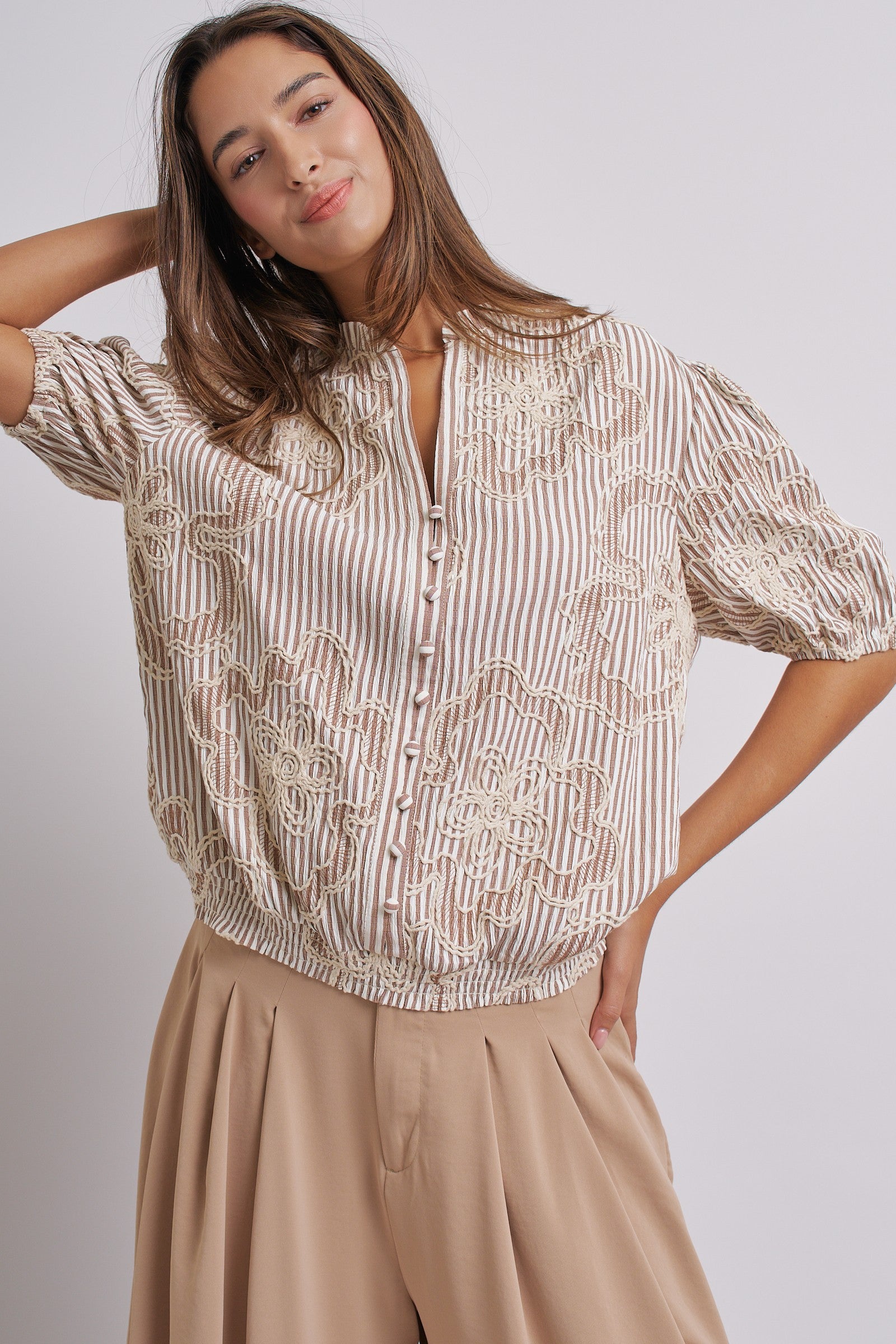 Corded Lace Embroidered Striped Puff Sleeve Blouse in Taupe - Women's Tops | Urban Daizy