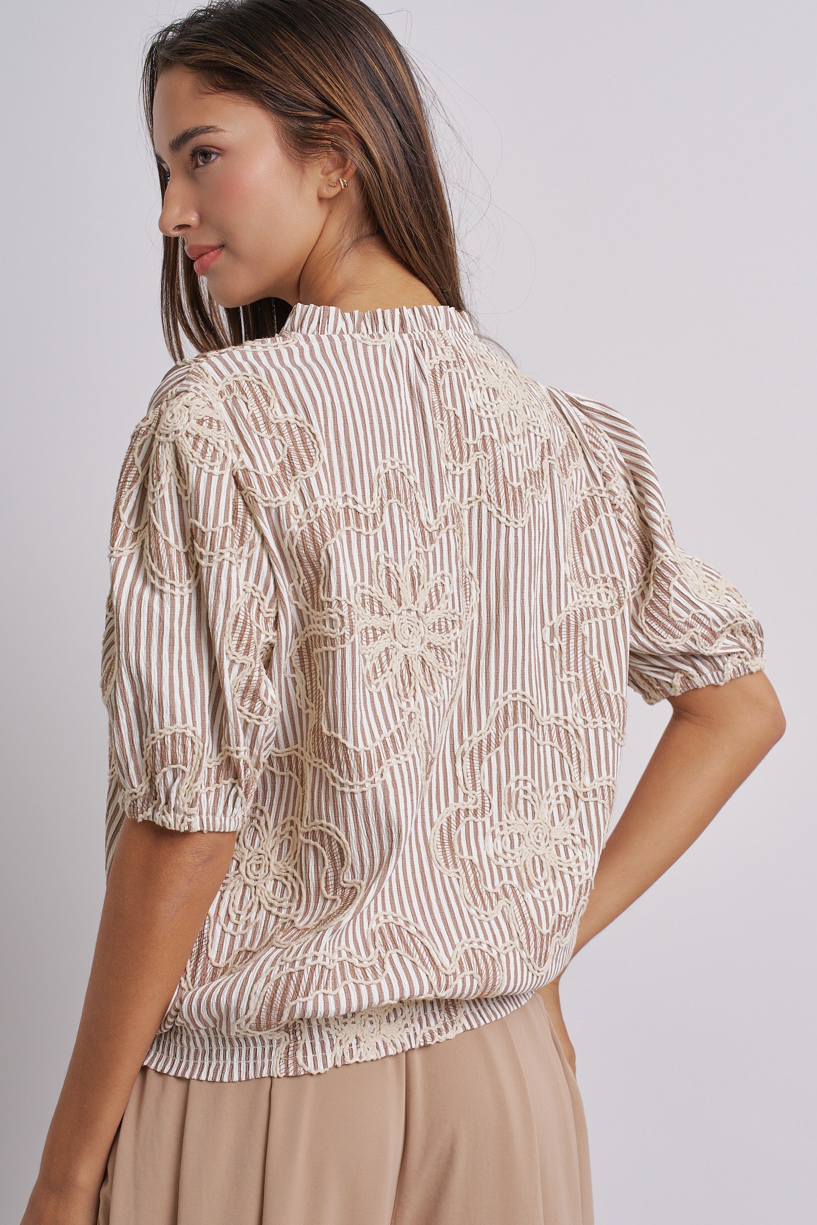 Corded Lace Embroidered Striped Puff Sleeve Blouse in Taupe - Women's Tops | Urban Daizy