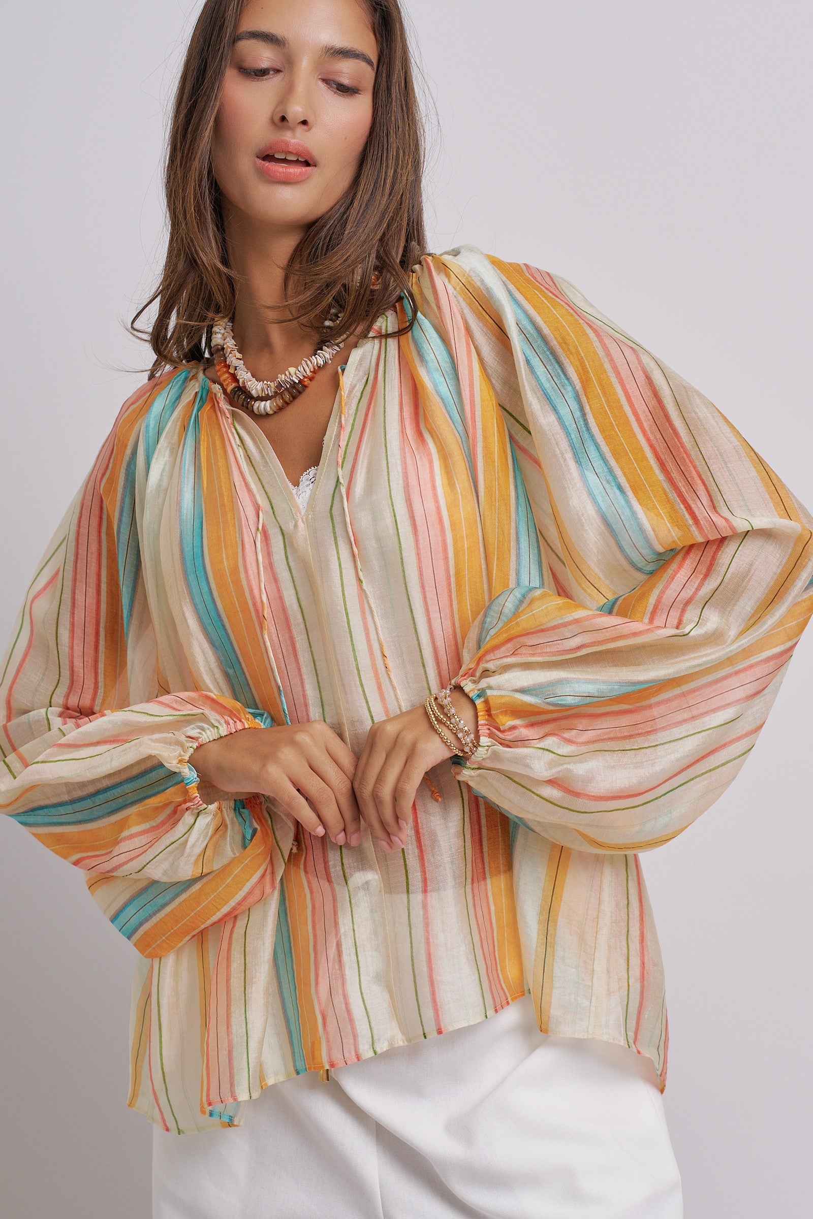 Multicolor Striped Sheer Peasant Blouse With Tie Neck in Multi - Women's Tops | Urban Daizy