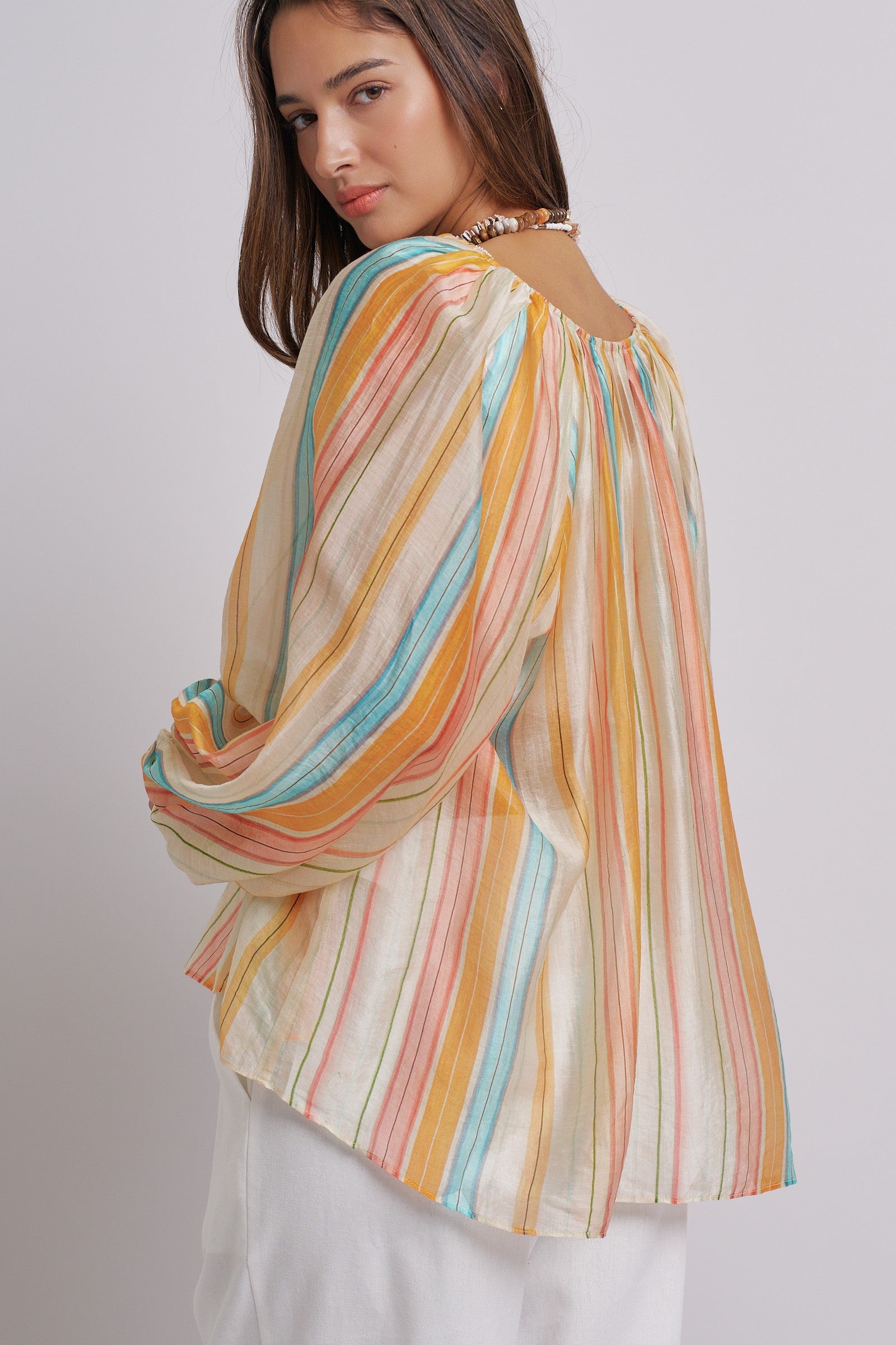 Multicolor Striped Sheer Peasant Blouse With Tie Neck in Multi - Women's Tops | Urban Daizy