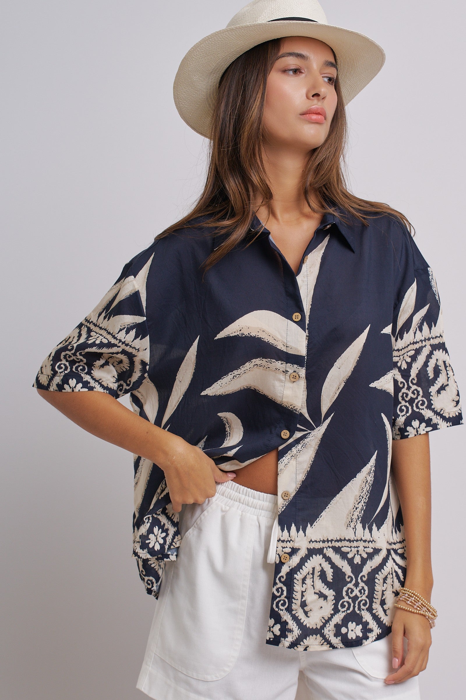 Navy Tropical Print Button-Down Resort Shirt in Navy - Women's Tops | Urban Daizy
