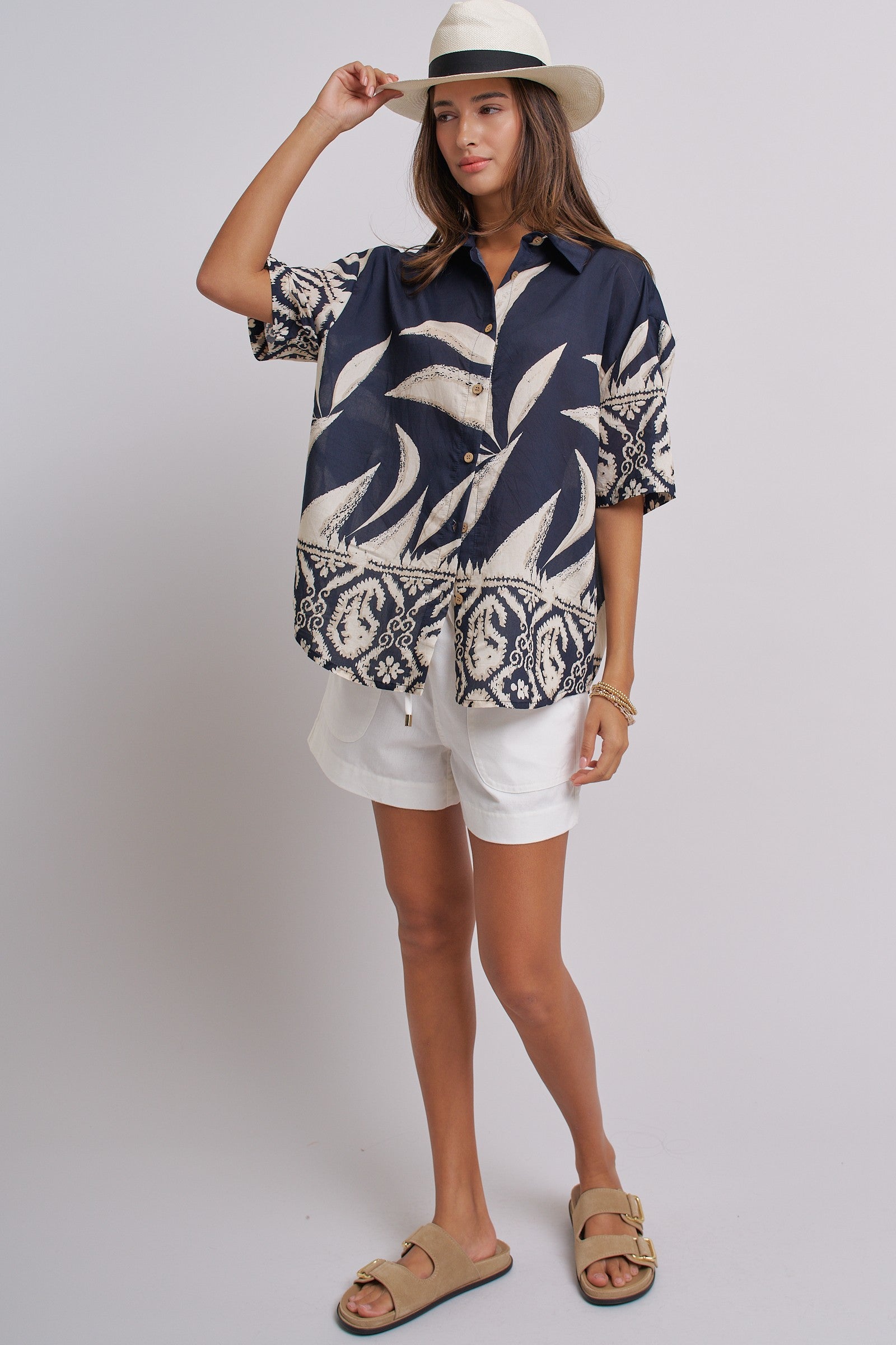 Navy Tropical Print Button-Down Resort Shirt in Navy - Women's Tops | Urban Daizy