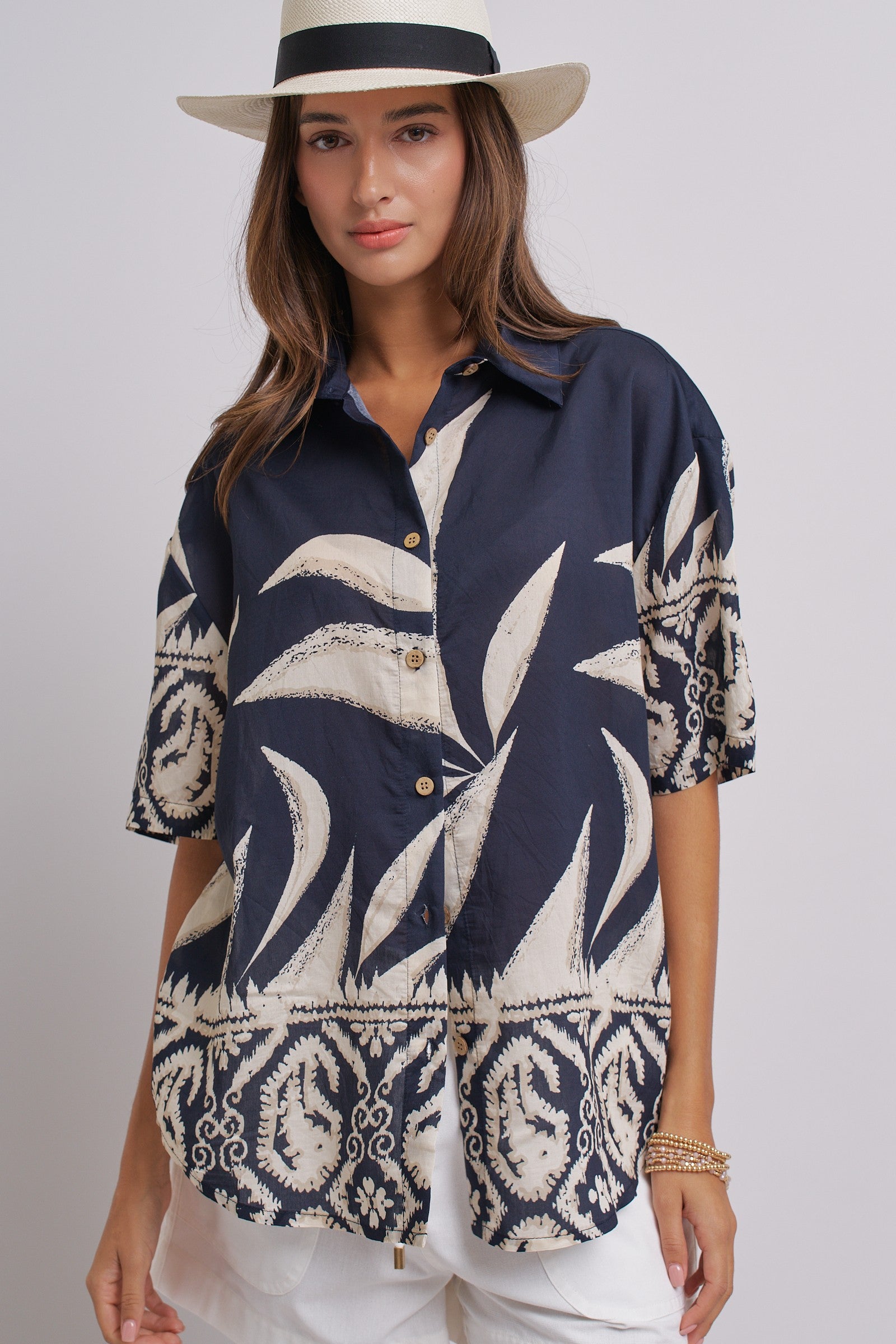 Navy Tropical Print Button-Down Resort Shirt in Navy - Women's Tops | Urban Daizy