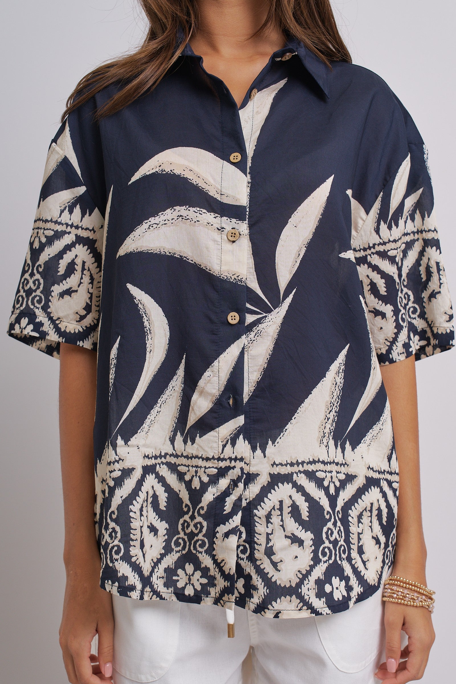 Navy Tropical Print Button-Down Resort Shirt in Navy - Women's Tops | Urban Daizy