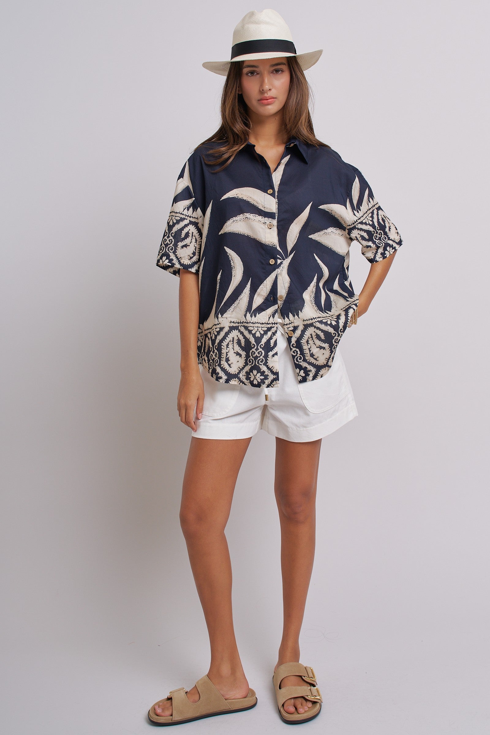 Navy Tropical Print Button-Down Resort Shirt in Navy - Women's Tops | Urban Daizy