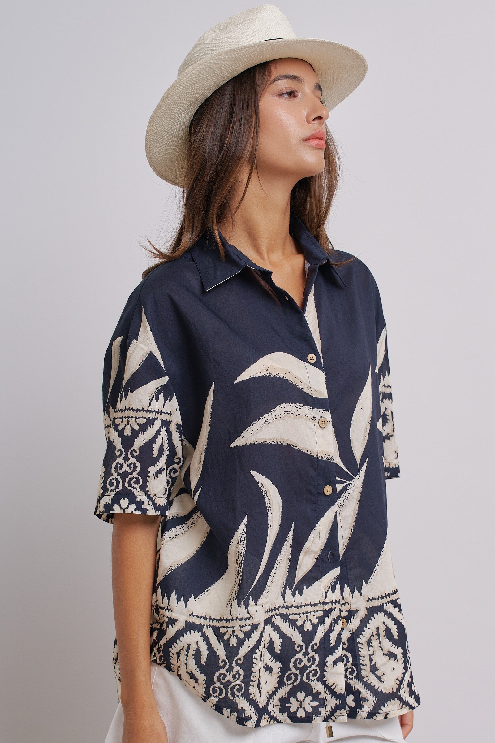 Navy Tropical Print Button-Down Resort Shirt in Navy - Women's Tops | Urban Daizy
