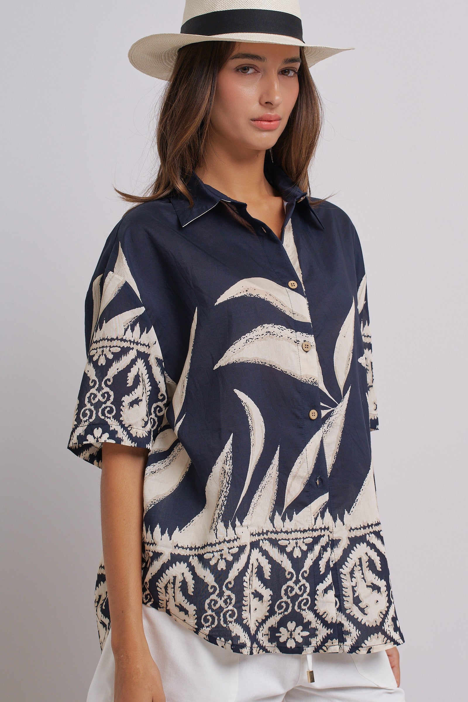 Navy Tropical Print Button-Down Resort Shirt in Navy - Women's Tops | Urban Daizy