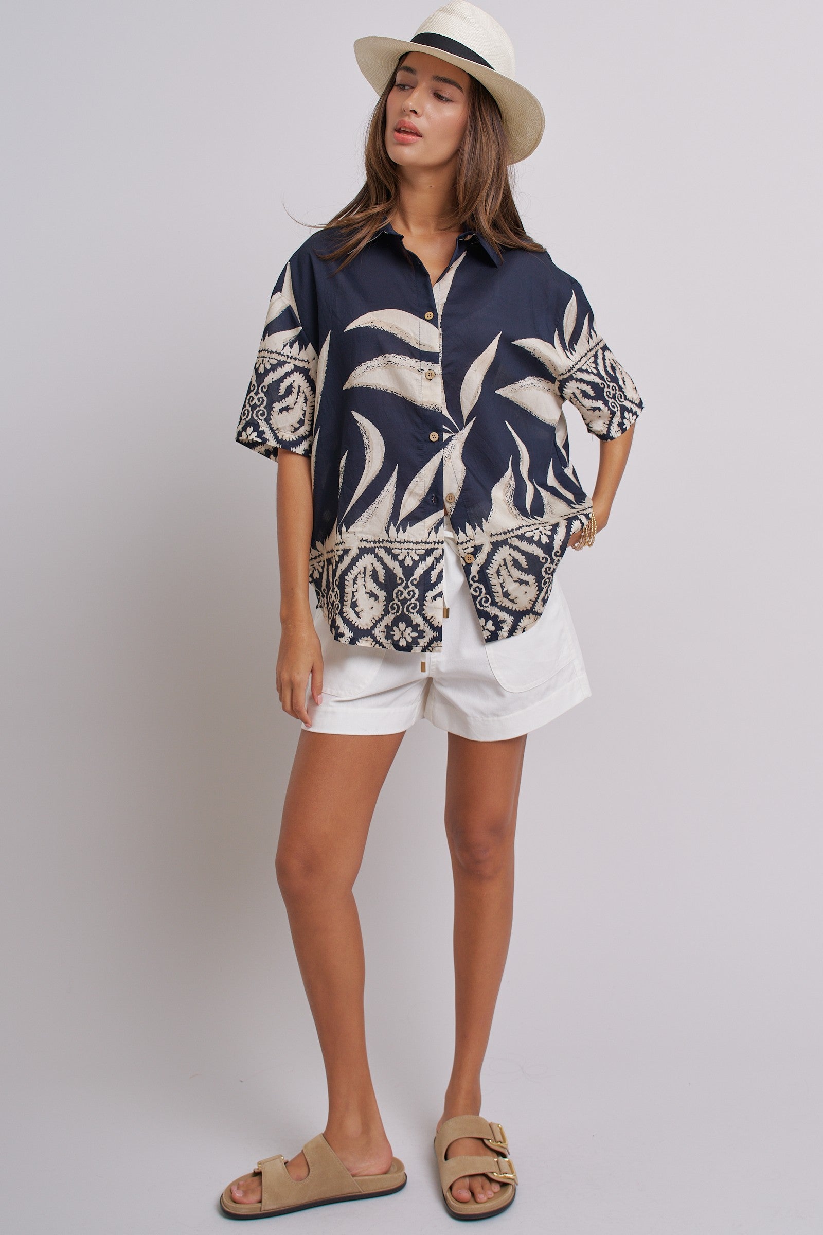 Navy Tropical Print Button-Down Resort Shirt in Navy - Women's Tops | Urban Daizy