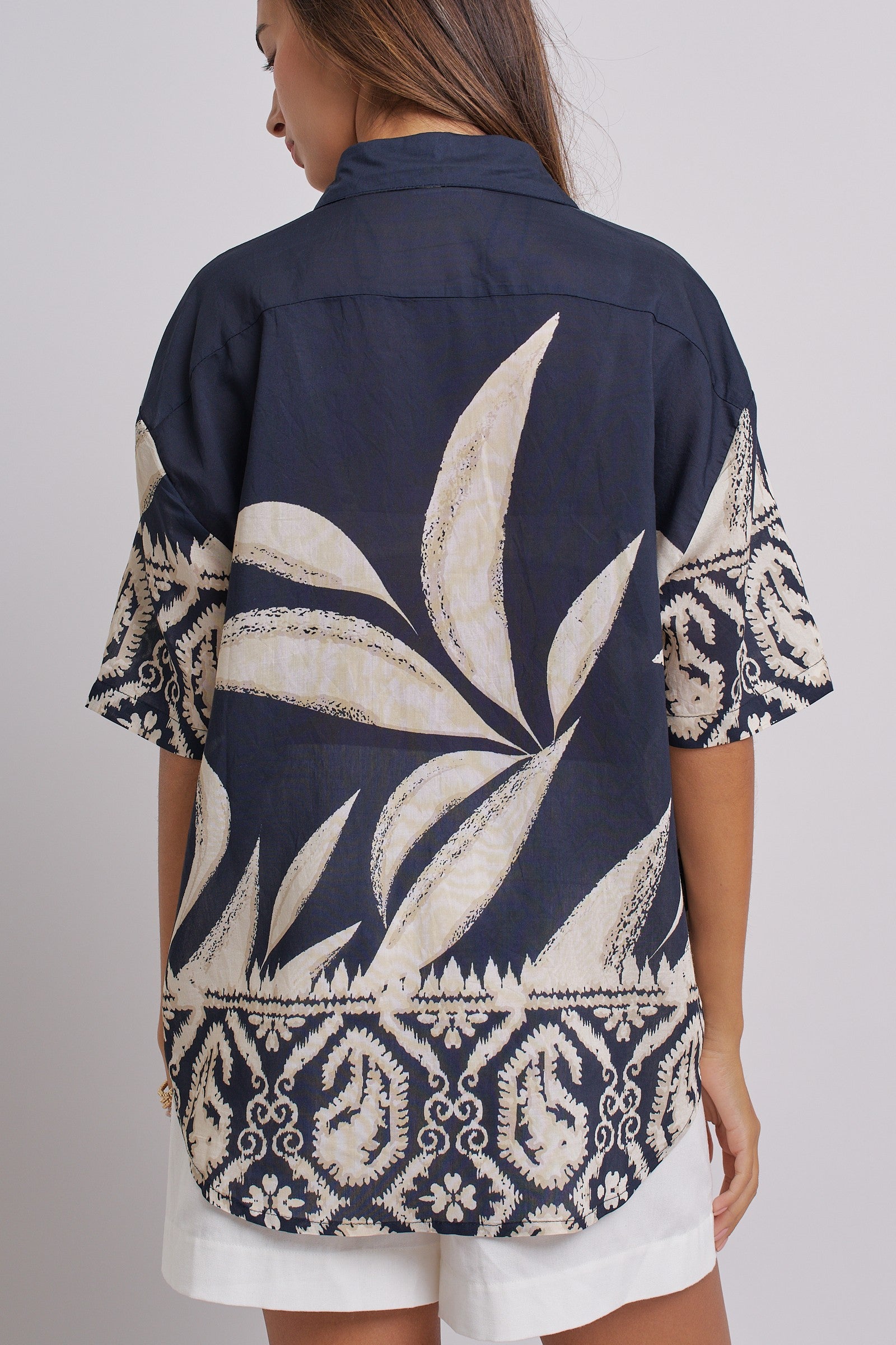 Navy Tropical Print Button-Down Resort Shirt in Navy - Women's Tops | Urban Daizy