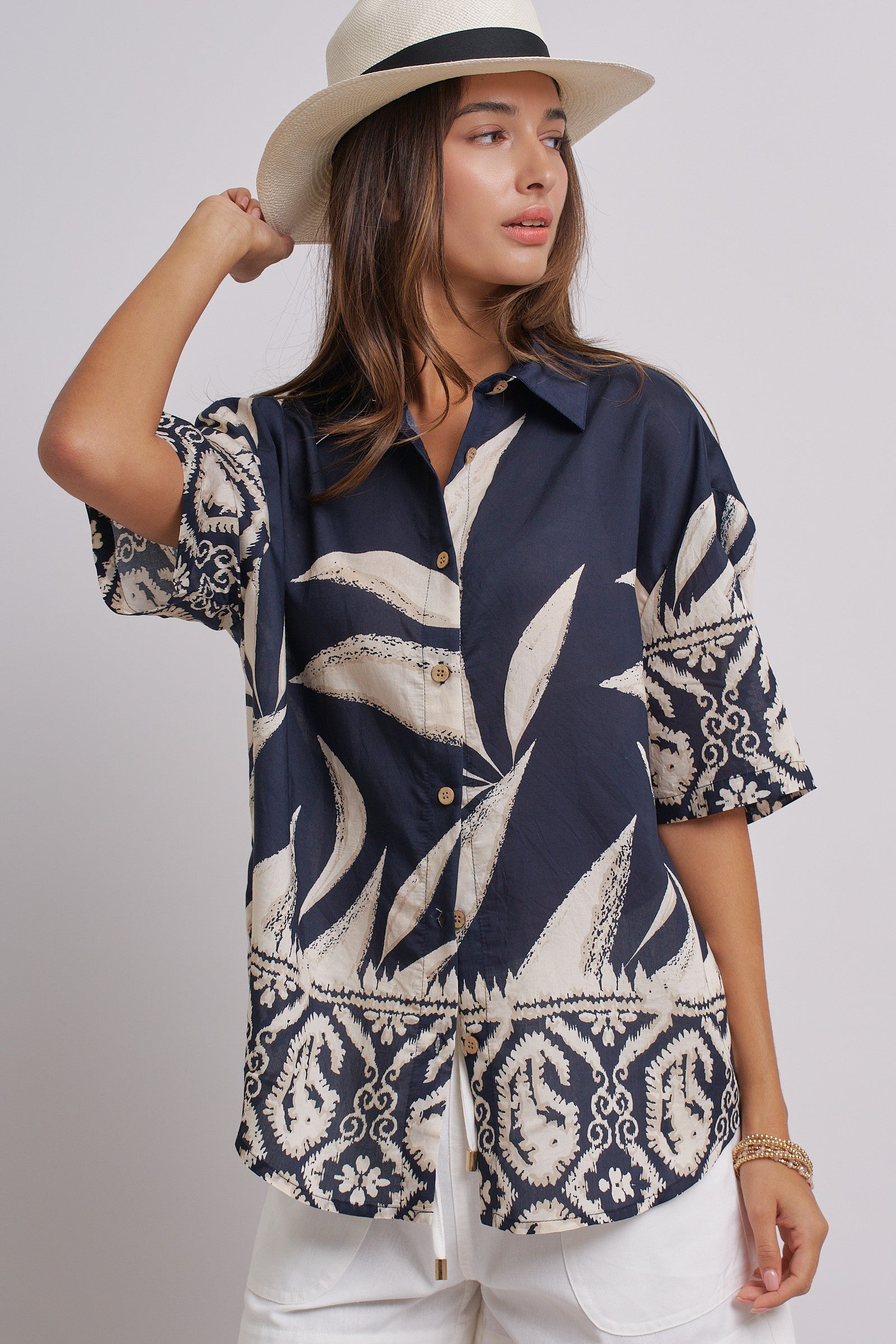 Navy Tropical Print Button-Down Resort Shirt in Navy - Women's Tops | Urban Daizy
