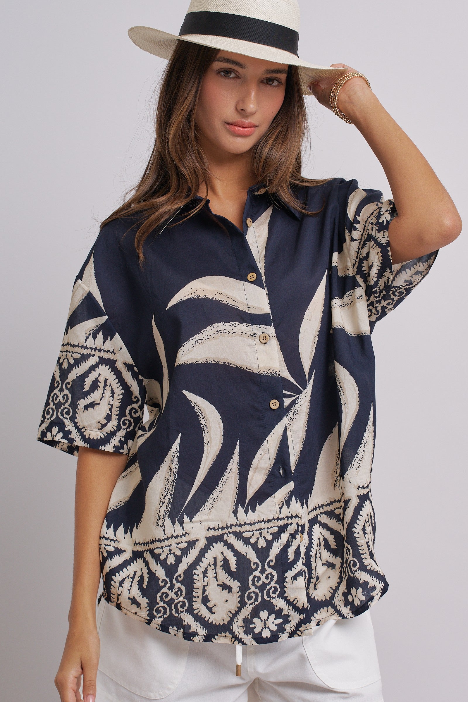 Navy Tropical Print Button-Down Resort Shirt in Navy - Women's Tops | Urban Daizy