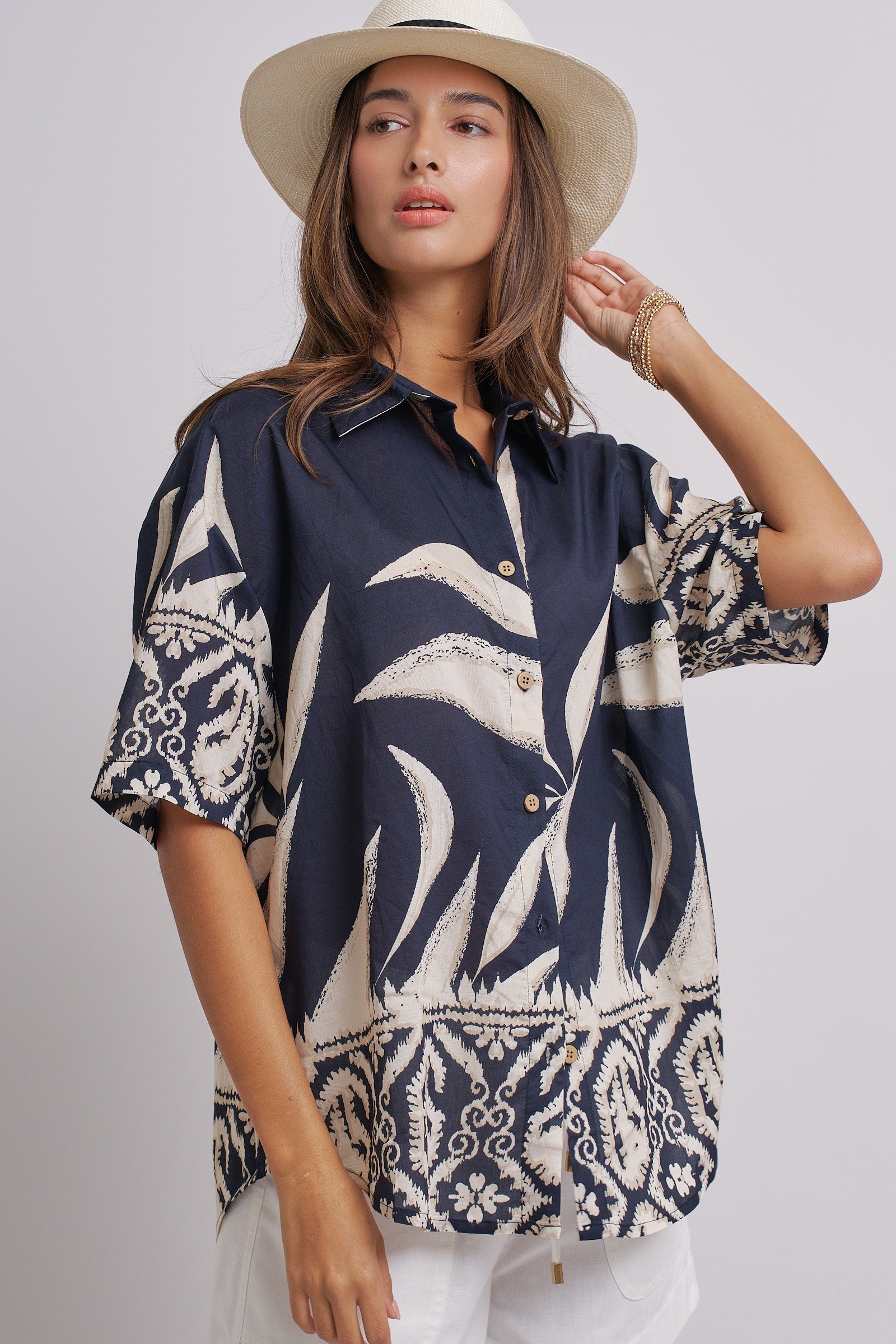 Navy Tropical Print Button-Down Resort Shirt in Navy - Women's Tops | Urban Daizy