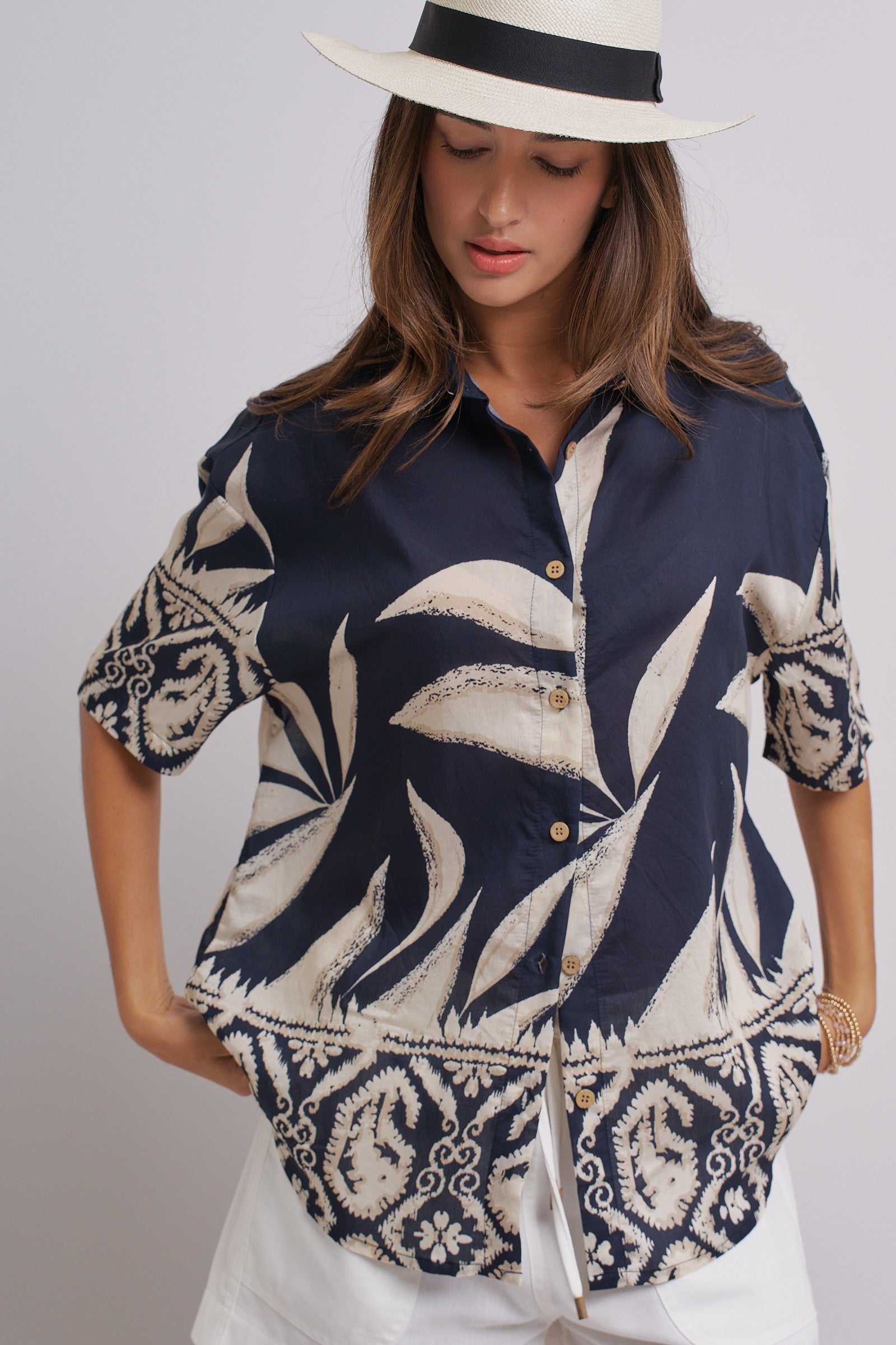 Navy Tropical Print Button-Down Resort Shirt in Navy - Women's Tops | Urban Daizy