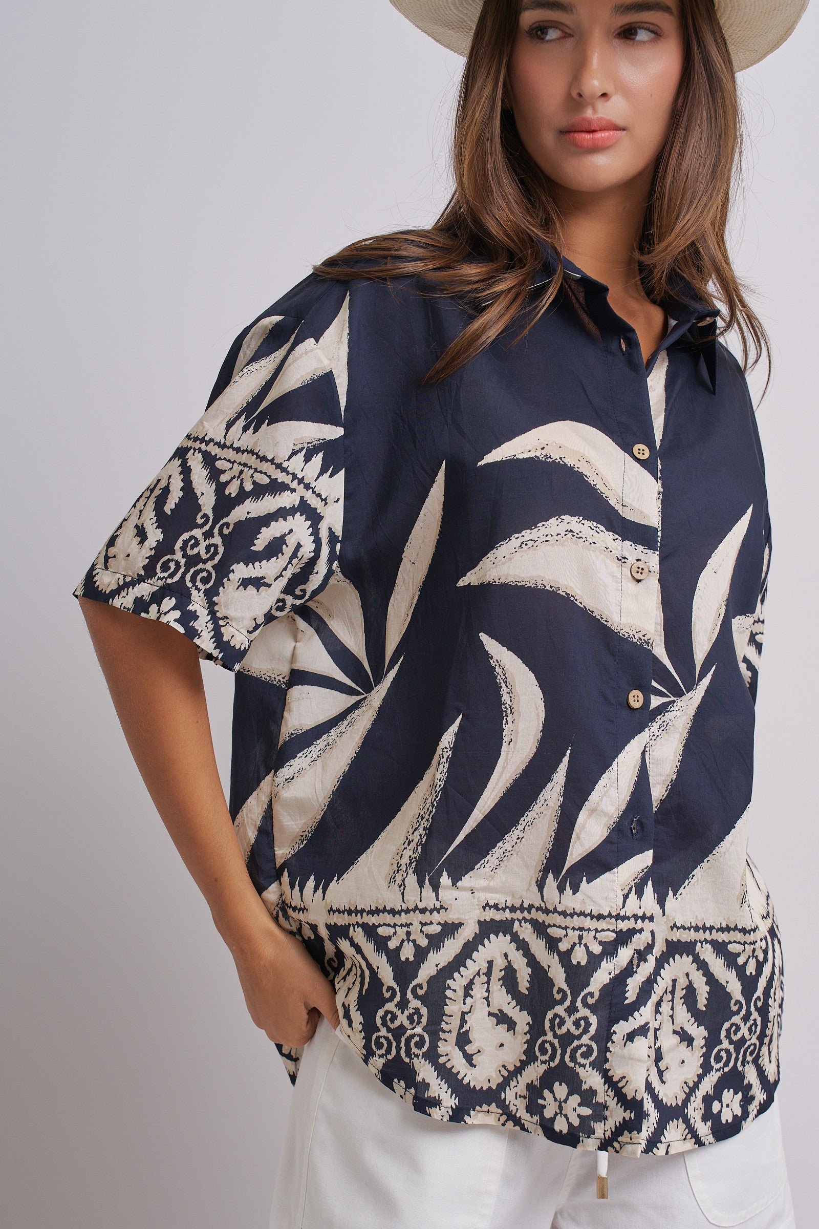 Navy Tropical Print Button-Down Resort Shirt in Navy - Women's Tops | Urban Daizy