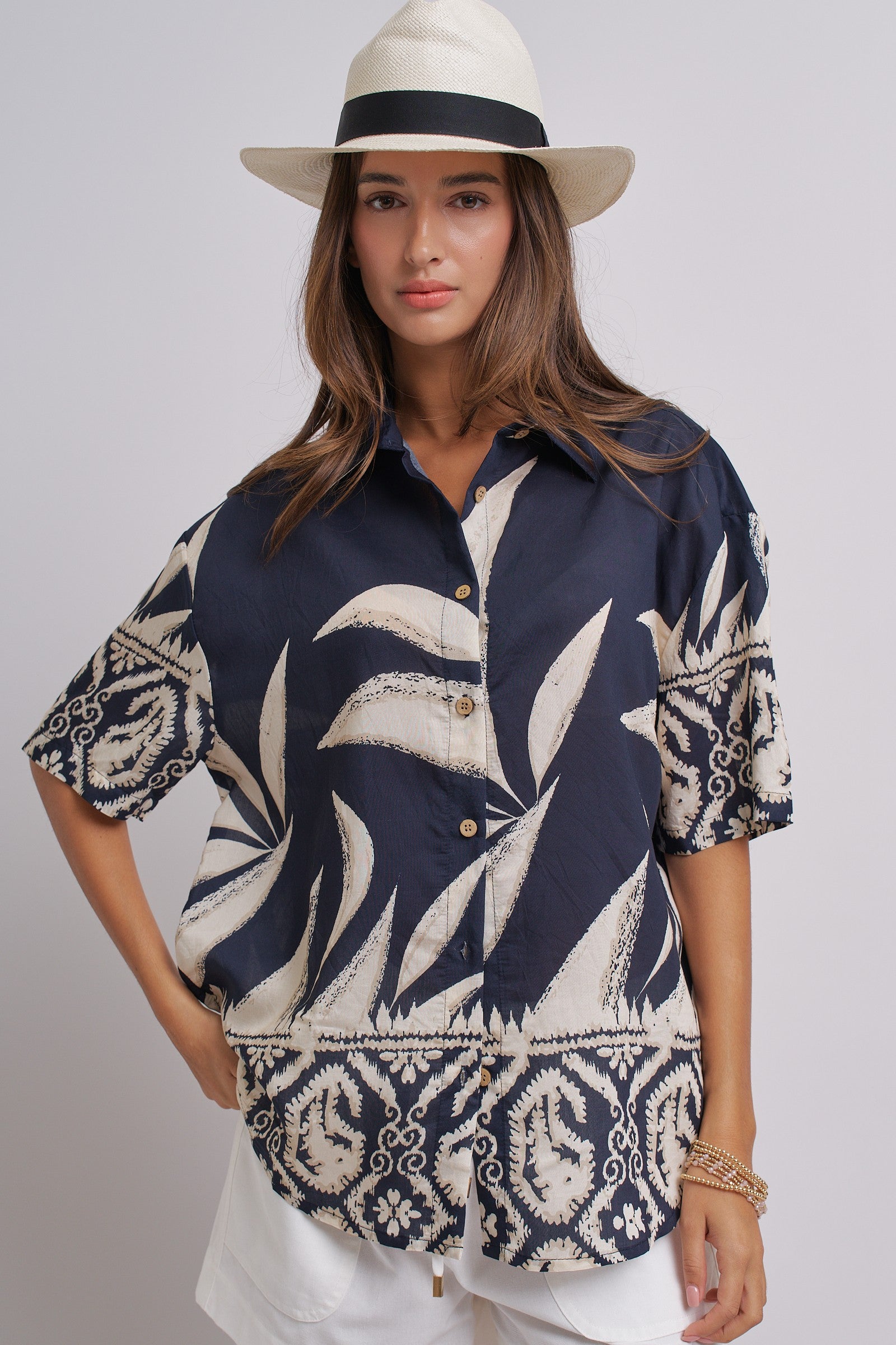 Navy Tropical Print Button-Down Resort Shirt in Navy - Women's Tops | Urban Daizy