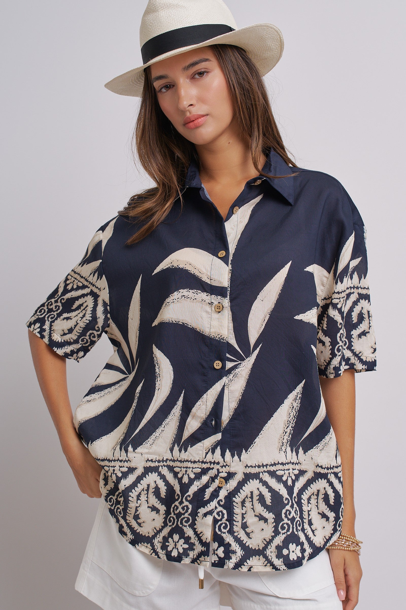 Navy Tropical Print Button-Down Resort Shirt in Navy - Women's Tops | Urban Daizy