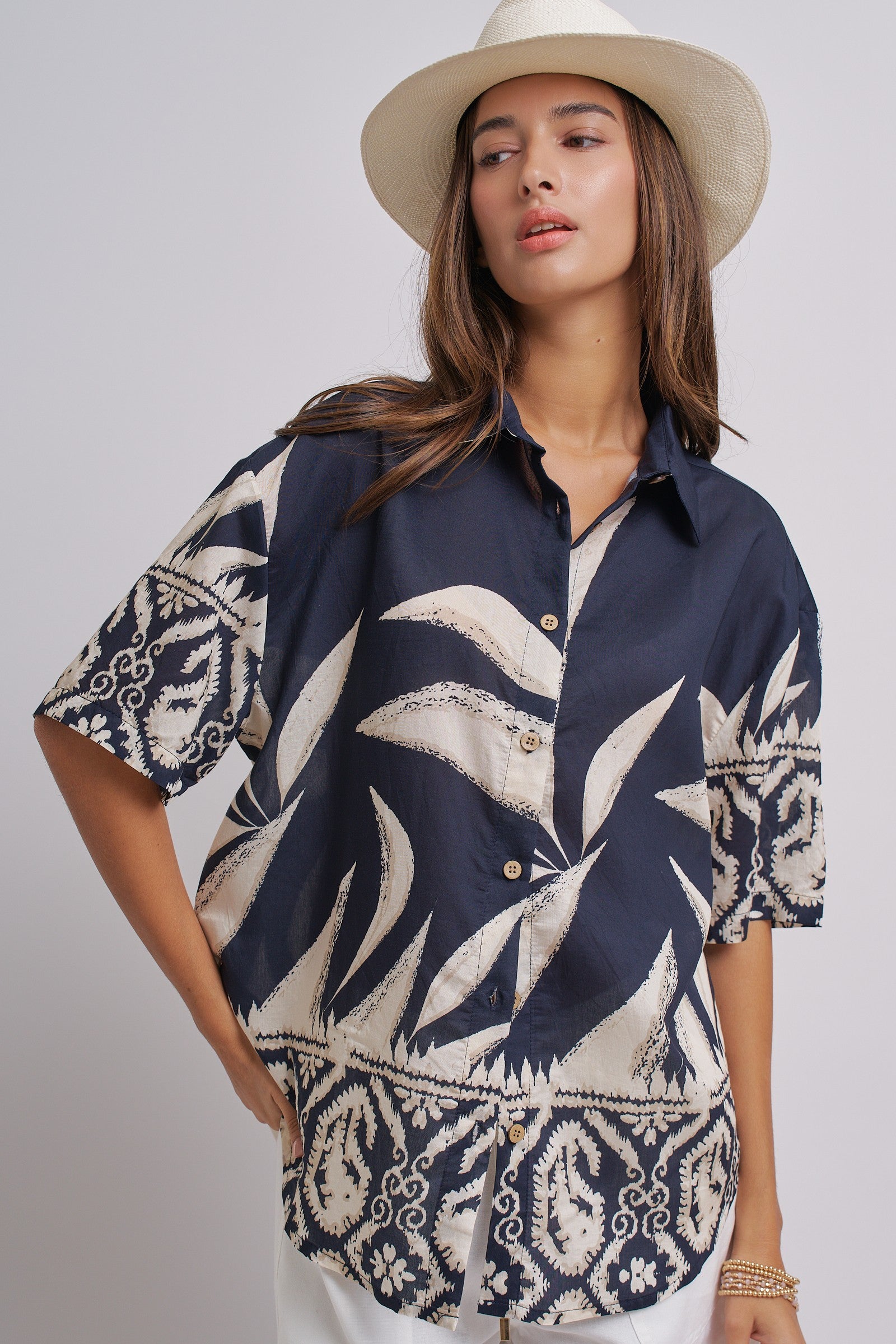 Navy Tropical Print Button-Down Resort Shirt in Navy - Women's Tops | Urban Daizy