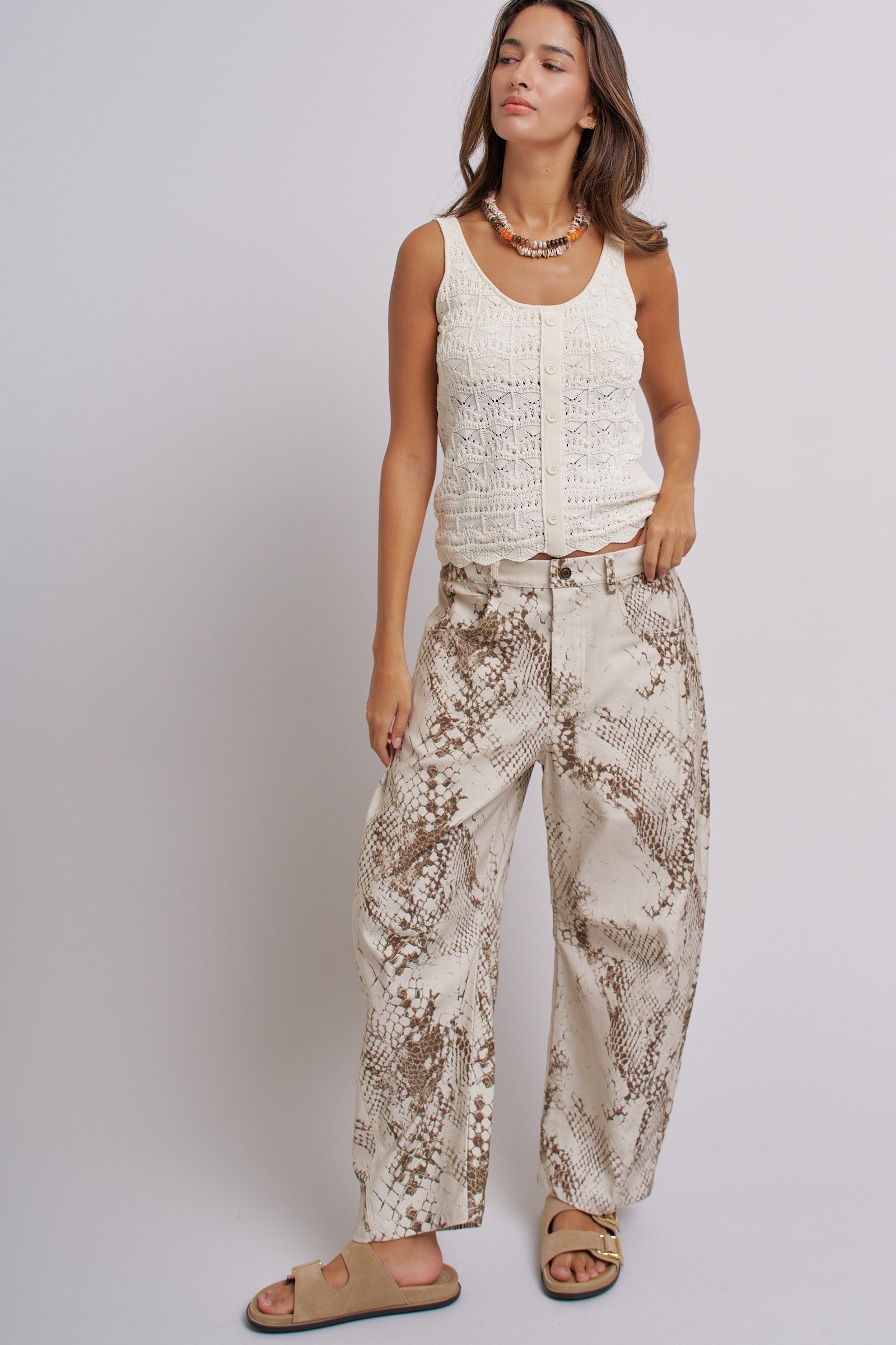Pointelle Knit Button Front Tank Top With Scalloped Hem in Ivory - Women's Tops | Urban Daizy