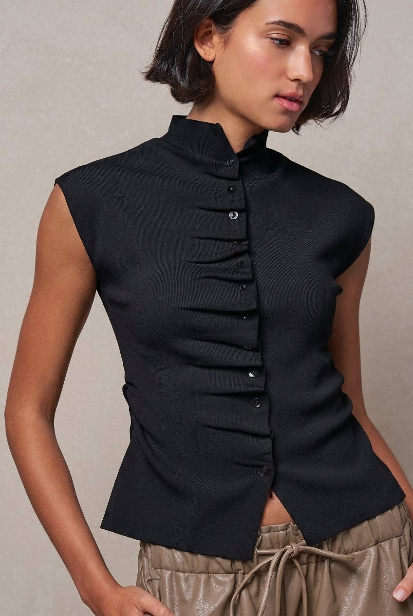 Ruched Button Front Mock Neck Knit Top in Black - Women's Sweaters | Urban Daizy