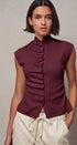 Ruched Button Front Mock Neck Knit Top in Burgundy - Women's Sweaters | Urban Daizy