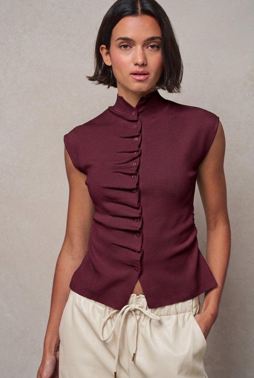 Ruched Button Front Mock Neck Knit Top in Burgundy - Women's Sweaters | Urban Daizy