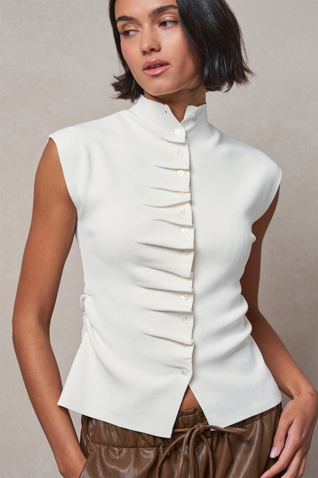 Ruched Button Front Mock Neck Knit Top in Ivory - Women's Sweaters | Urban Daizy