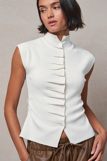 Ruched Button Front Mock Neck Knit Top