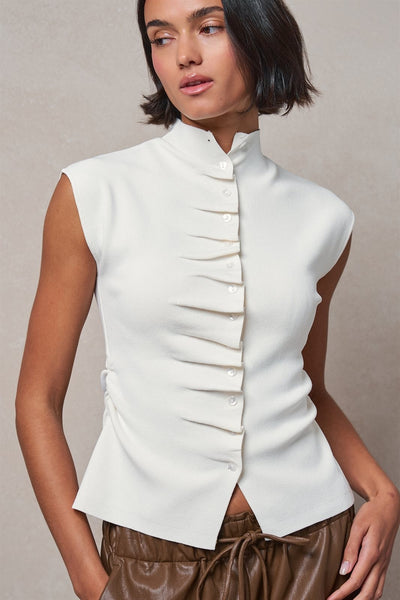 Ruched Button Front Mock Neck Knit Top