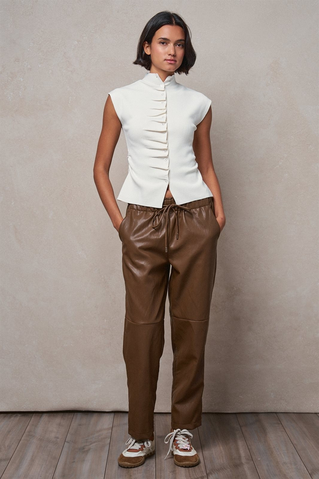 Ruched Button Front Mock Neck Knit Top in Ivory - Women's Sweaters | Urban Daizy