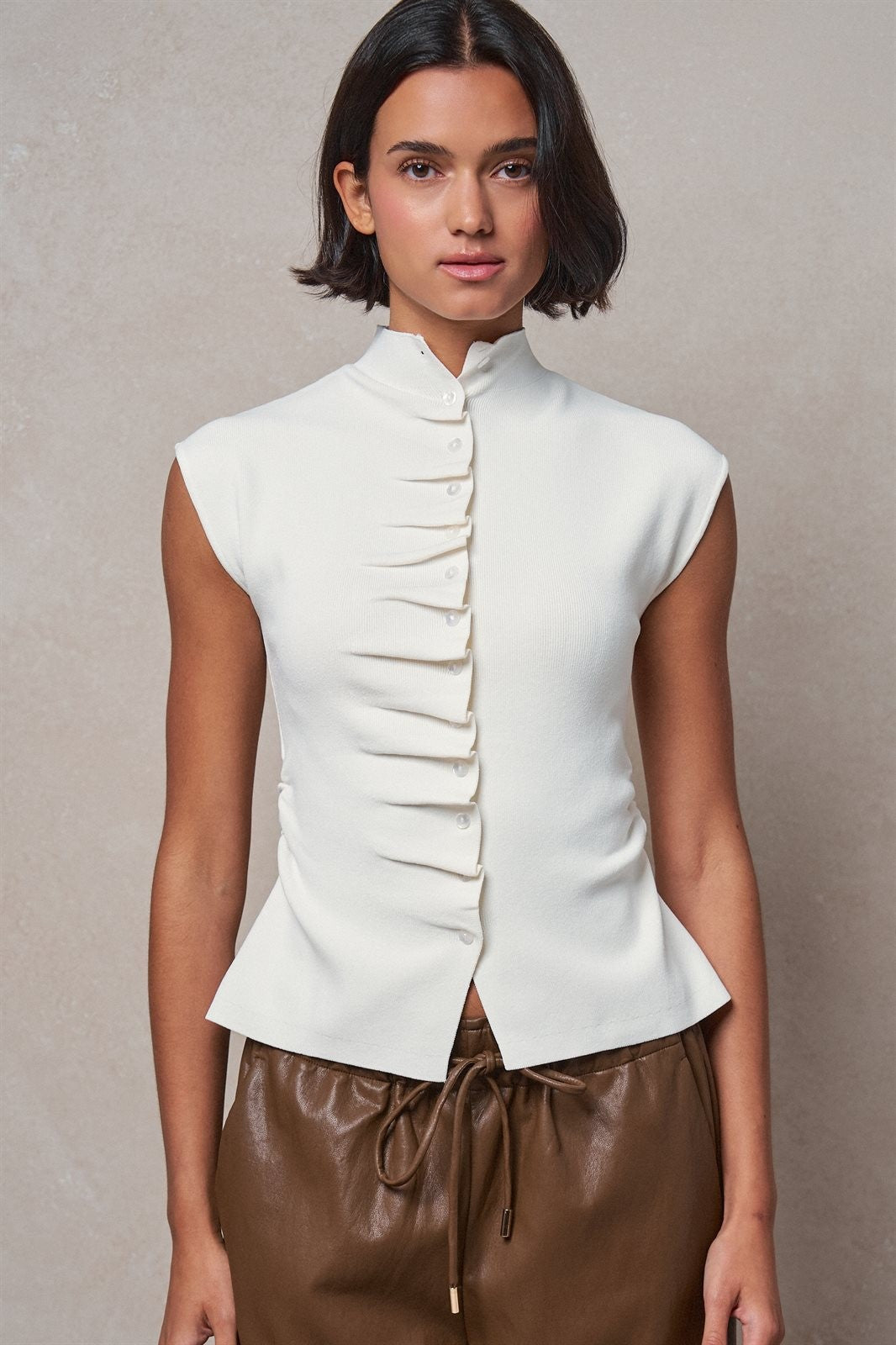Ruched Button Front Mock Neck Knit Top in Ivory - Women's Sweaters | Urban Daizy