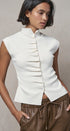 Ruched Button Front Mock Neck Knit Top in Ivory - Women's Sweaters | Urban Daizy