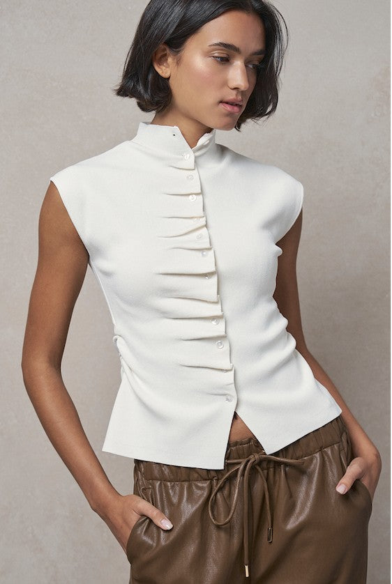 Ruched Button Front Mock Neck Knit Top in Ivory - Women's Sweaters | Urban Daizy