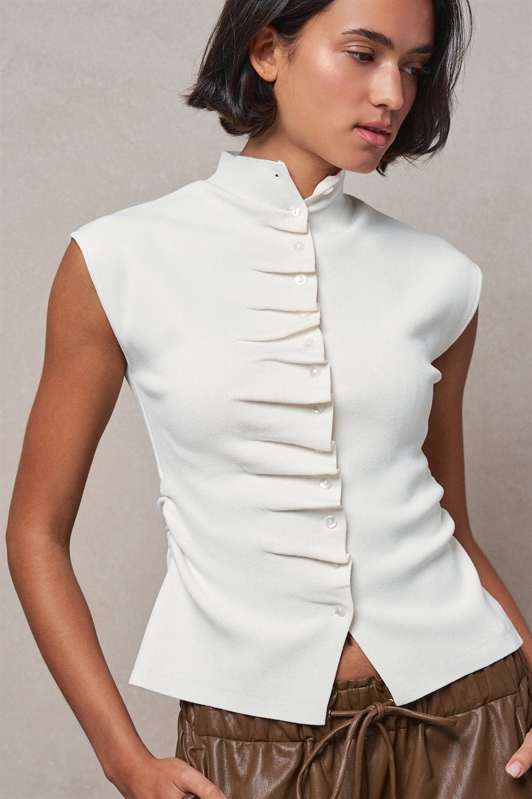 Ruched Button Front Mock Neck Knit Top in Ivory - Women's Sweaters | Urban Daizy