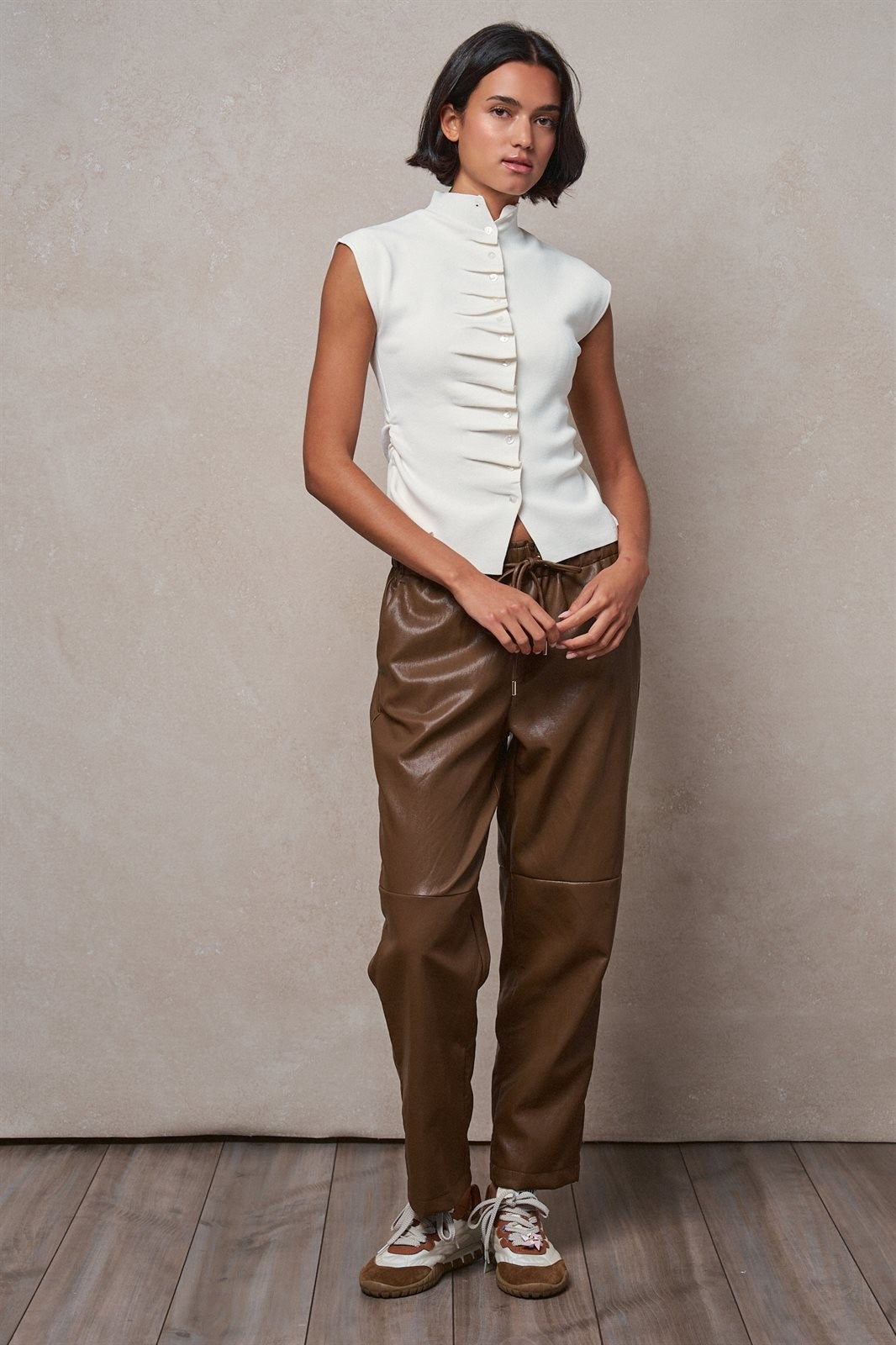 Ruched Button Front Mock Neck Knit Top in Ivory - Women's Sweaters | Urban Daizy