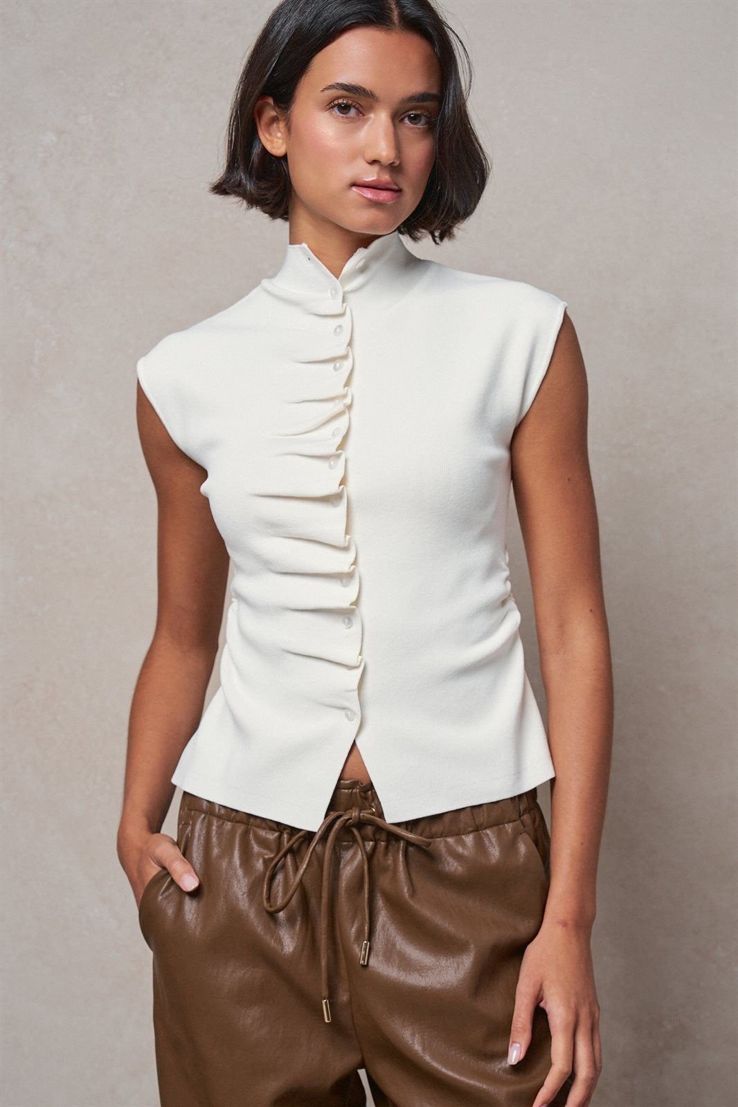 Ruched Button Front Mock Neck Knit Top in Ivory - Women's Sweaters | Urban Daizy