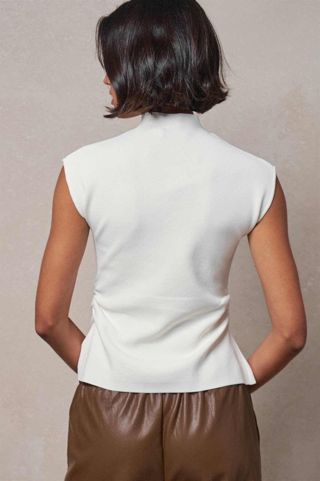 Ruched Button Front Mock Neck Knit Top in Ivory - Women's Sweaters | Urban Daizy
