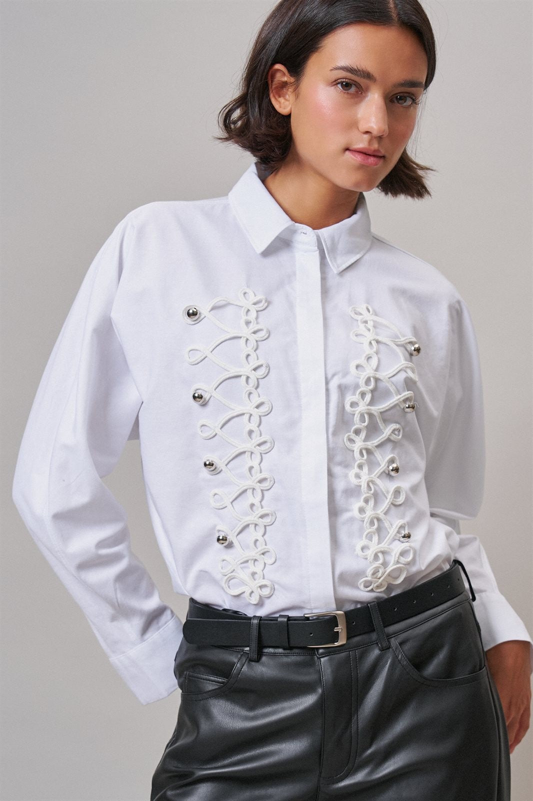 Braided Cord Embellished Button-Down Blouse in White - Women's Shirts & Blouses | Urban Daizy