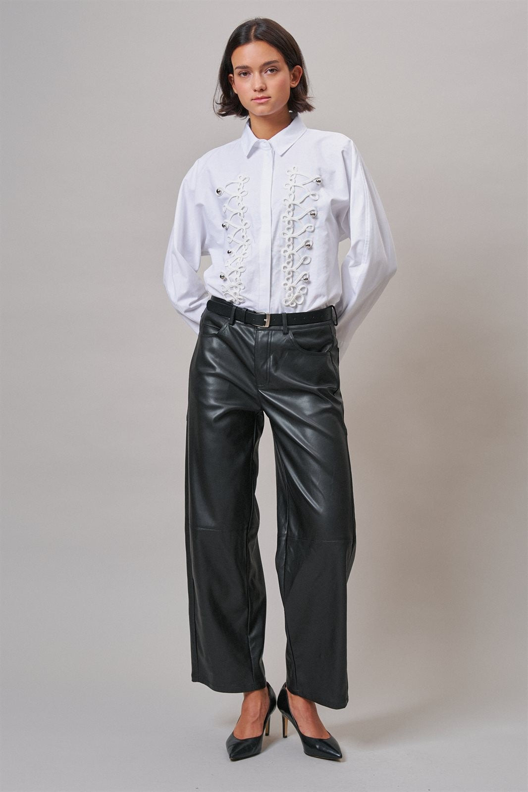 Braided Cord Embellished Button-Down Blouse in White - Women's Shirts & Blouses | Urban Daizy
