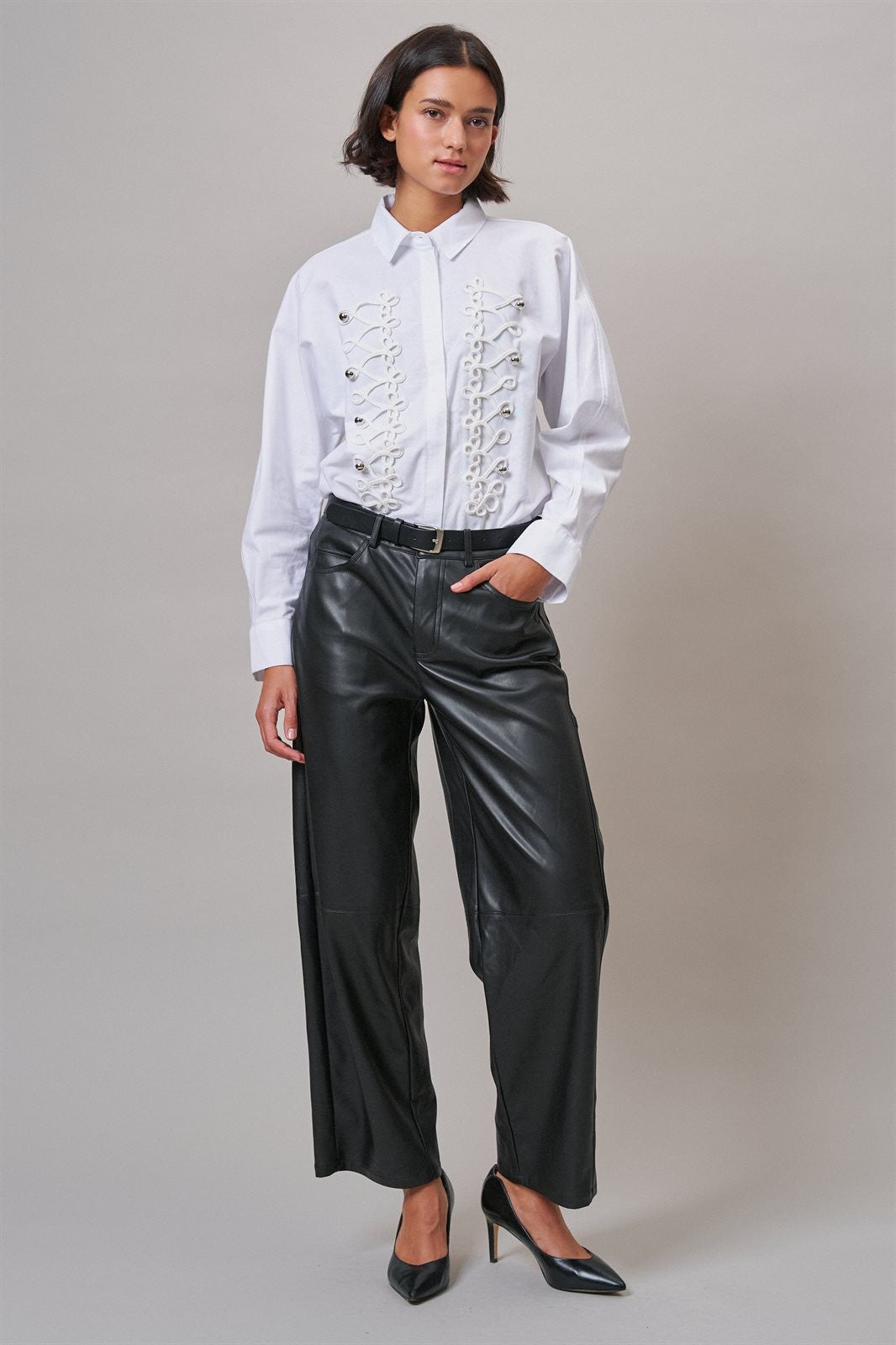 Braided Cord Embellished Button-Down Blouse in White - Women's Shirts & Blouses | Urban Daizy