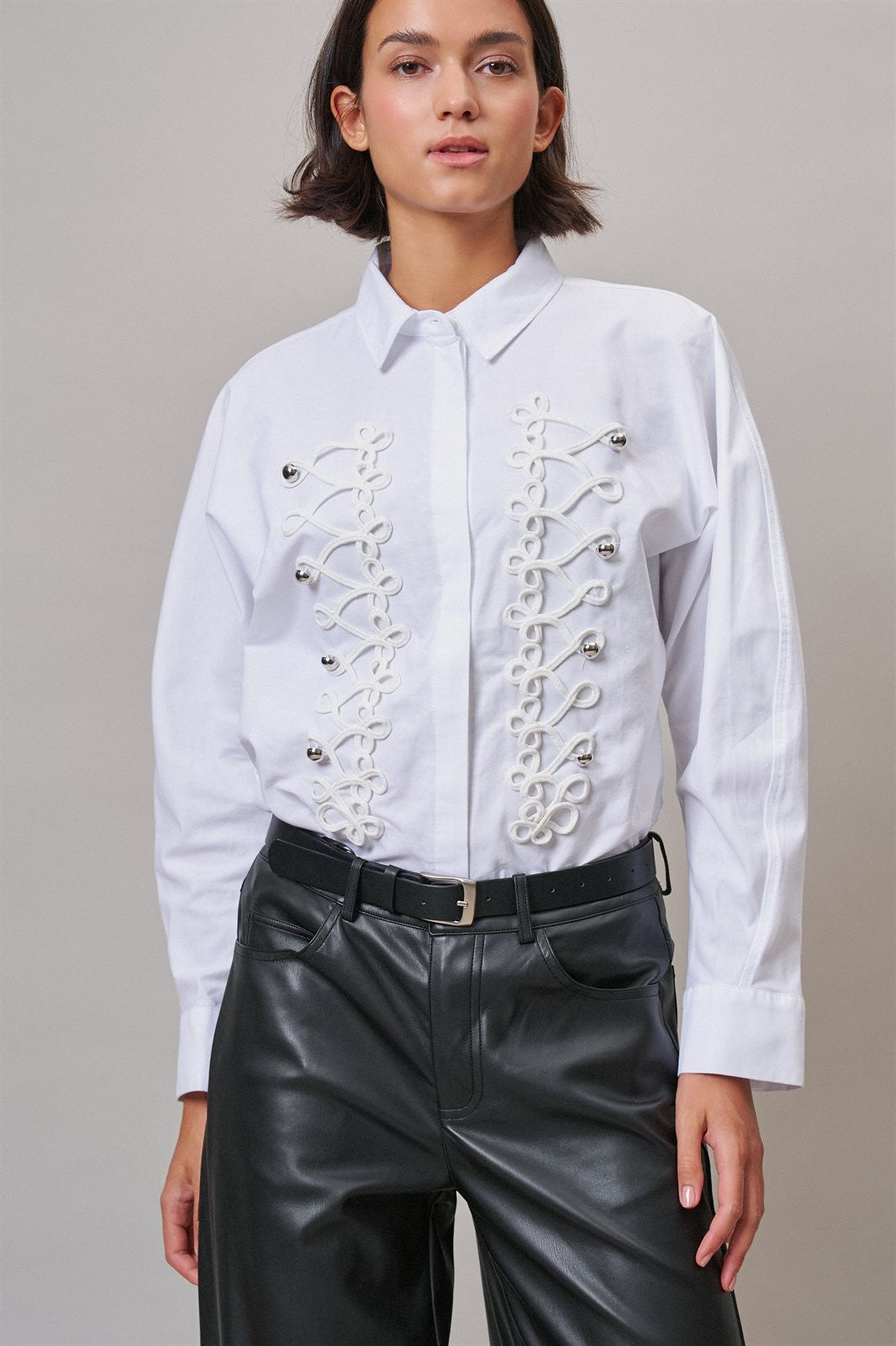 Braided Cord Embellished Button-Down Blouse in White - Women's Shirts & Blouses | Urban Daizy